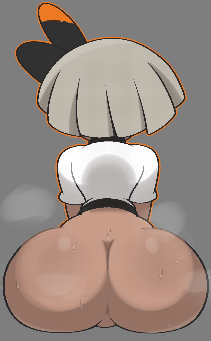 1girls, ass, ass focus, bea (pokemon), bottomless, bubble ass, bubble butt, female, grey hair, nintendo, pokemon, pokemon ss, simple background, solo, steamy ass, sweat, sweaty ass, vilepluff