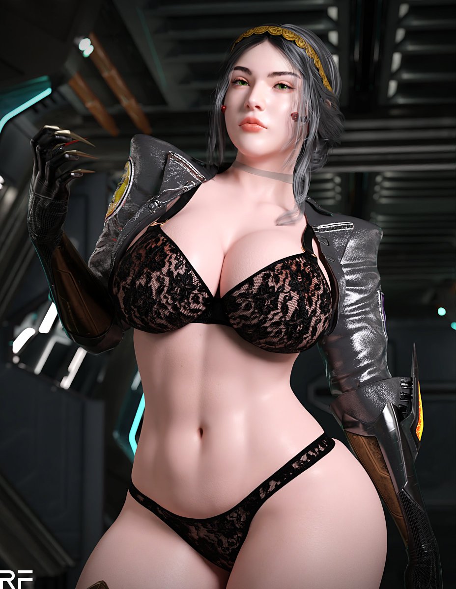 3d, breasts, curvaceous, female, female only, green eyes, grey hair, jacket, large breasts, lingerie, original, rude frog, tagme