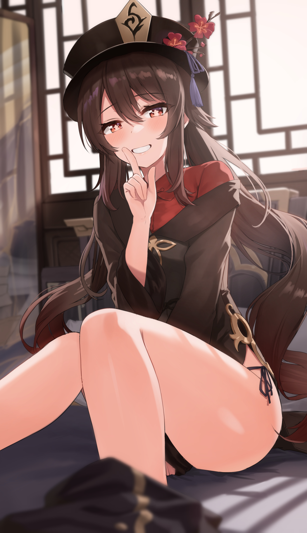1girls, ayul (ayulneri 92), bedroom, black panties, blush, brown hair, cute, female, female only, genshin impact, hat, hi res, hu tao (genshin impact), indoors, looking at viewer, on bed, panties, red eyes, seductive, shorts, shorts removed, shushing, side-tie panties, sitting, smile, teasing, thick thighs, thighs, twintails, underwear