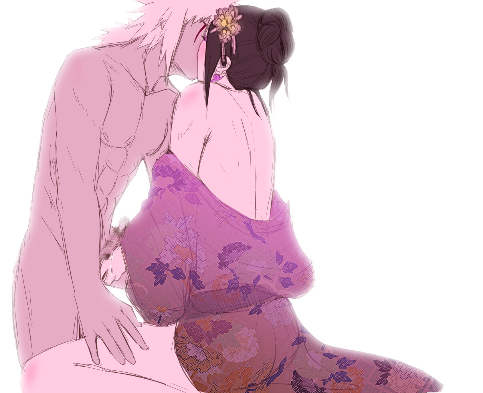 2boys, abs, alternate hairstyle, artist request, ass, balls, balls grab, bare back, bare legs, bare shoulders, black hair, closed eyes, clothed male nude male, clothed sex, crossdressing, crossdressing male, earrings, erection, facepaint, femboy, femboy dilf, from behind, gay, genitals, hair bun, hair ornament, hairpin, handjob, jewelry, jiraiya, kimono, kimono down, kissing, kneeling, makeup, male, male only, male/male, mature, mature male, multiple boys, multiple males, muscular, muscular male, naruto, naruto (series), naruto shippuden, nipples, orochimaru, pale skin, pecs, penis, ponytail, standing, tied hair, white hair, yaoi, yukata