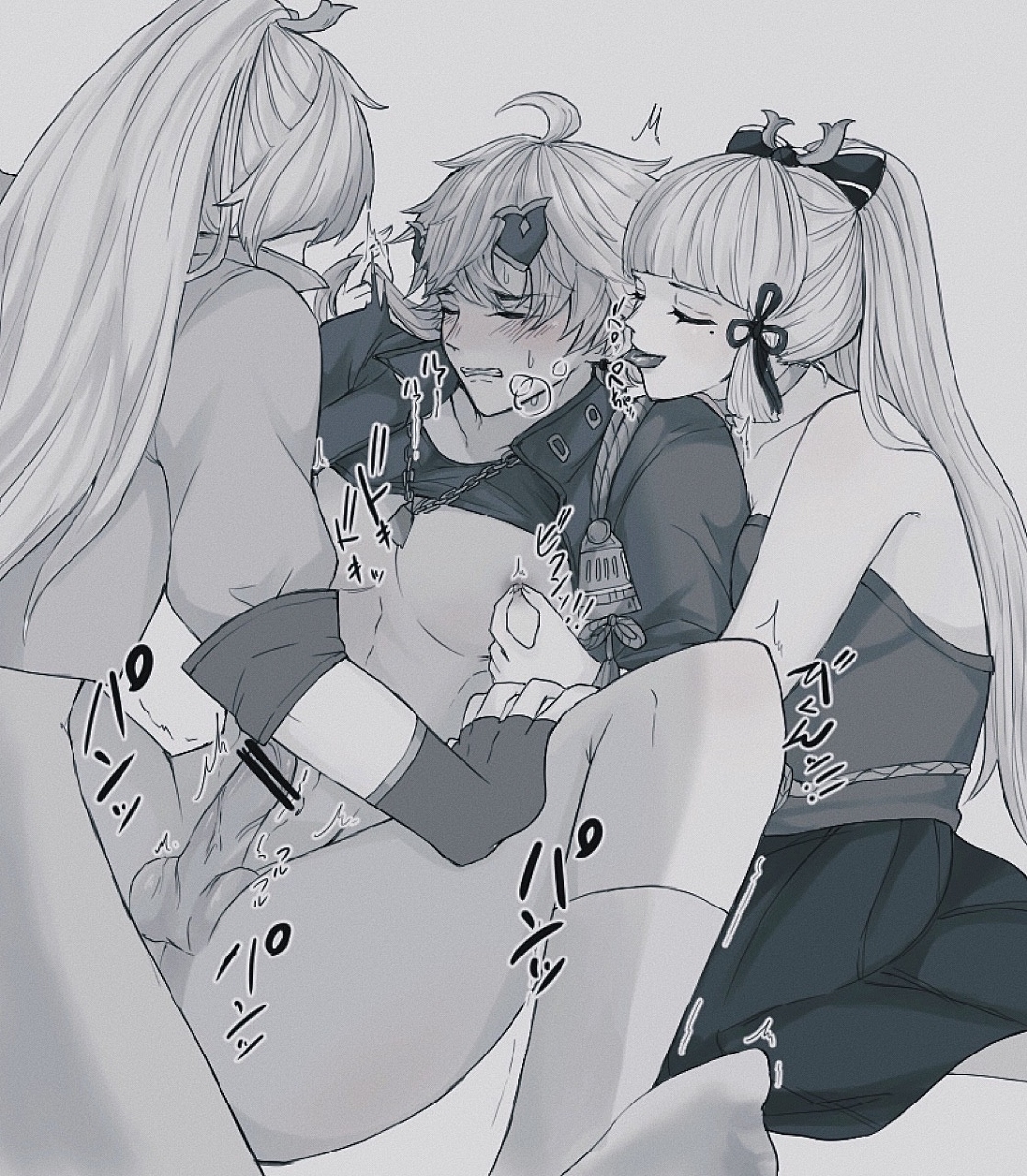 1girls, 2boys, bisexual, bisexual male, blush, censored, censored penis, erection, female, genshin impact, hair ornament, kamisato ayaka, kamisato ayato, licking, male, male penetrated, mole under eye, monochrome, necklace, nipple pinch, nipples, partially clothed, penis, ponytail, siblings, straight hair, submissive male, sweat, thoma (genshin impact), threesome, yaoi