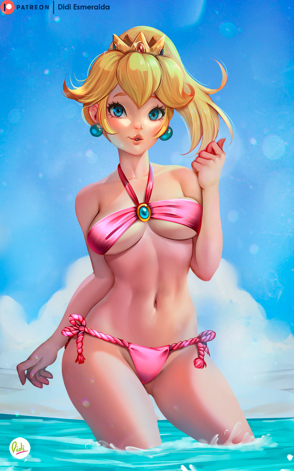 1girls, alternate version available, artist signature, beach, bikini, blonde hair, blue eyes, blush, breasts, crown, day, didi esmeralda, earrings, female, female only, looking at viewer, mario (series), medium breasts, nintendo, ocean, open mouth, outdoors, outside, partially submerged, patreon, pink bikini, ponytail, princess peach, short hair, smile, solo, solo female