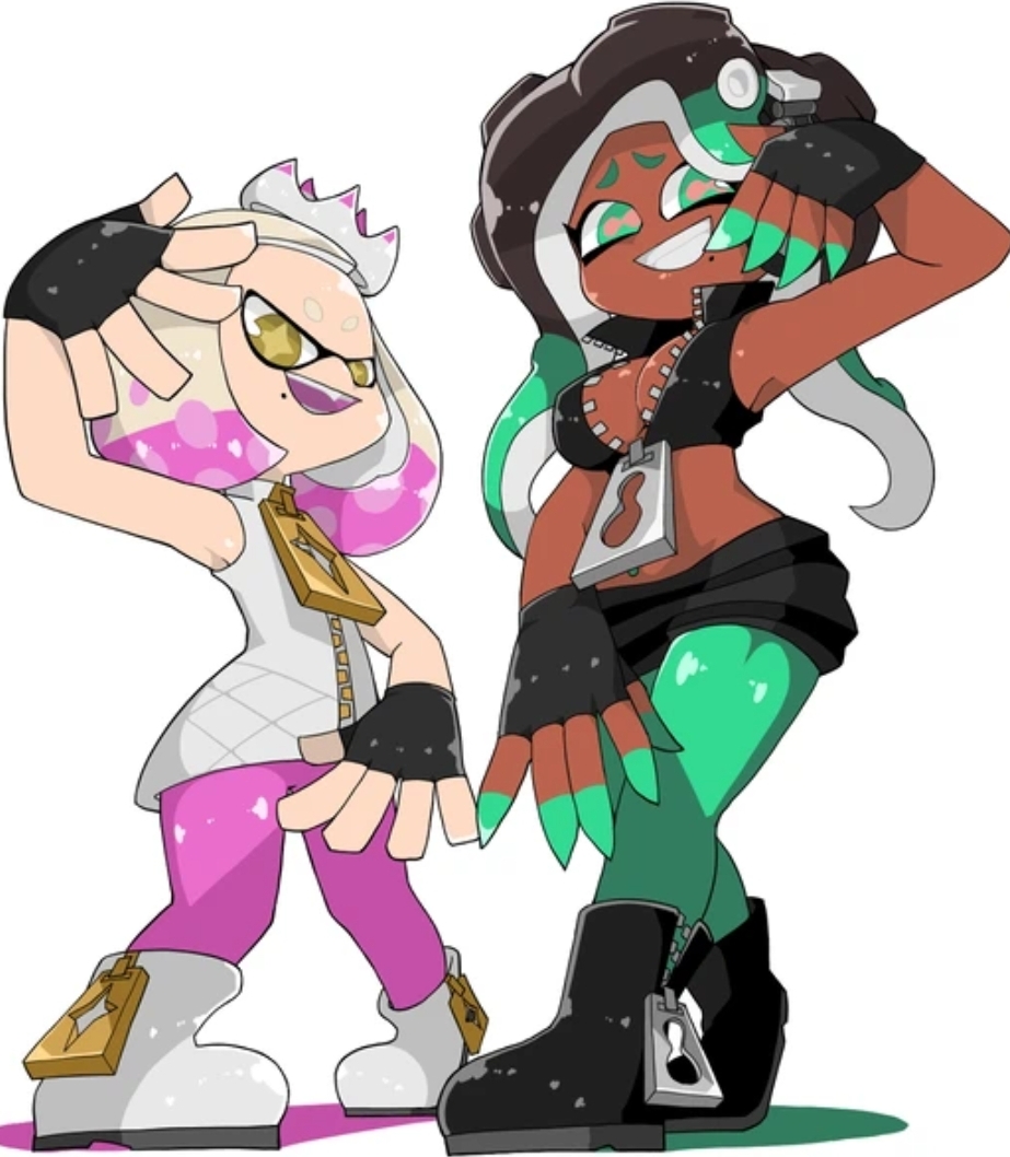 big_breasts cleavage clothed clothing inkling jacket marina_(splatoon) midriff multicolored_hair name_omoitukan2 nipple_bulge octoling off_the_hook_(splatoon) omoitukan2 pearl_(splatoon) safe small_breasts smile splatoon splatoon_2 zipper