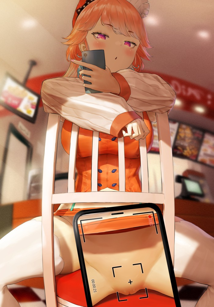 1girls, armwear, bare shoulders, beret, big breasts, blurry background, blush, bottomless, bottomless skirt, breasts, chair, chef hat, detached sleeves, detailed background, female, fingernails, hat, hololive, hololive english, hololive myth, kuroi suna, large breasts, legwear, looking at phone, looking at viewer, looking down, low-angle view, mons pubis, mostly clothed, multiple hats, nail polish, orange hat, orange shirt, phone, pink nails, pussy, red beret, red hat, shaved pussy, shirt, skirt, skirt up, source request, stockings, straddling, straddling chair, takanashi kiara, takanashi kiara (1st costume), taking picture, thighhighs, thighs, upskirt, vagina, vest, virtual youtuber, white armwear, white legwear, white stockings, white thighhighs
