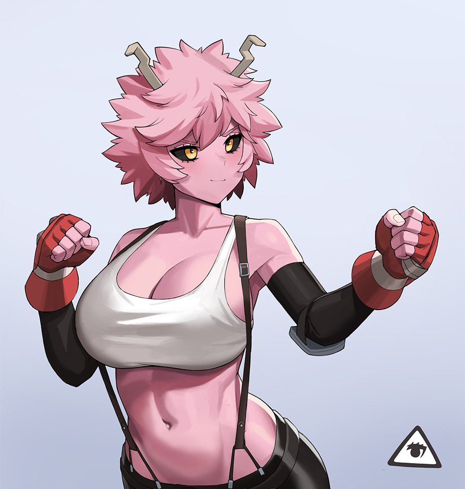1girls, black sclera, blush, breasts, cleavage, cosplay, crossover, donburikazoku, female, female only, final fantasy, final fantasy vii, fingerless gloves, fully clothed, gloves, horns, large breasts, messy hair, midriff, mina ashido, my hero academia, pink hair, pink skin, pink-haired female, short hair, skirt, solo, suspenders, tank top, tifa lockhart (cosplay), tomboy, yellow eyes