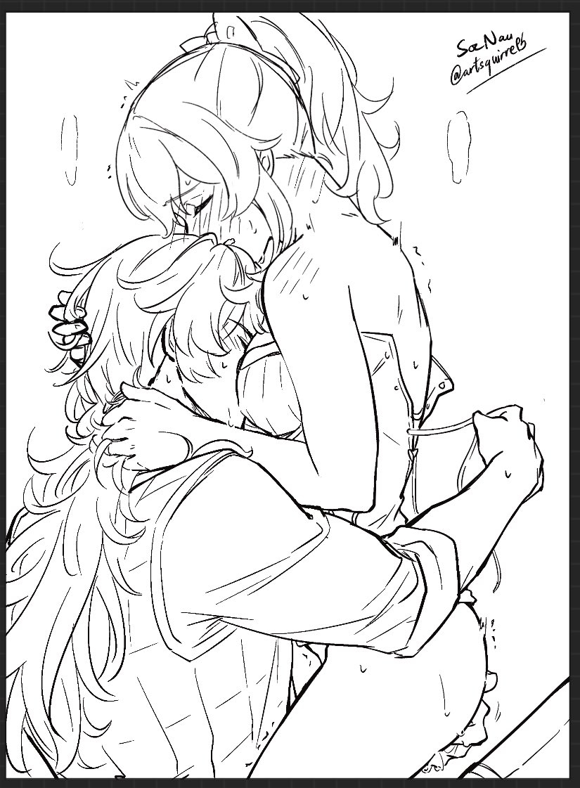 1boy, 1girls, artsquirrelb, blush, clothed, corset, diluc (genshin impact), female, genshin impact, hair pull, jean gunnhildr, male, male/female, monochrome, panting, partially clothed, romantic, straight, sweat, undressing