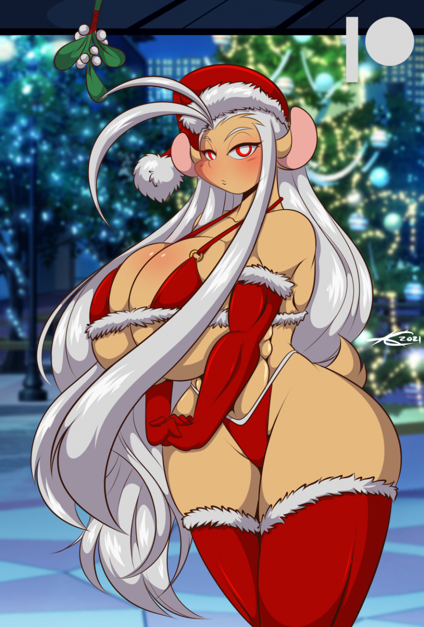 1girls 2021 anthro bikini blush bovid breasts christmas christmas_outfit cleavage female female_only fur_trim furry goat huge_breasts long_hair looking_at_viewer mastergodai mistletoe muscular muscular_female rascals red_eyes skimpy solo talon_(mastergodai) tan_fur thick_thighs thighhighs very_long_hair voluptuous white_hair wide_hips