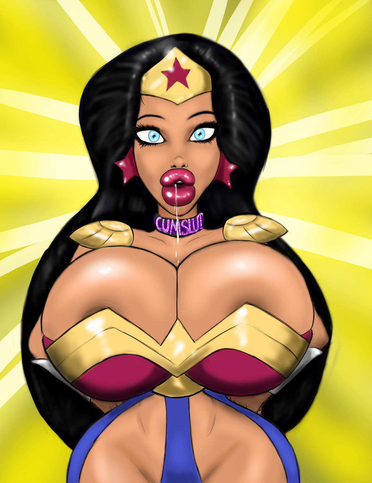 bimbo bradtanker3 brain_drain brain_pop brainwashing choker cleavage dc dc_comics diana_prince drooling female huge_breasts hyper_bimbo nipple_slip personality_change tan thick_thighs wide_hips wonder_woman wonder_woman_(series)