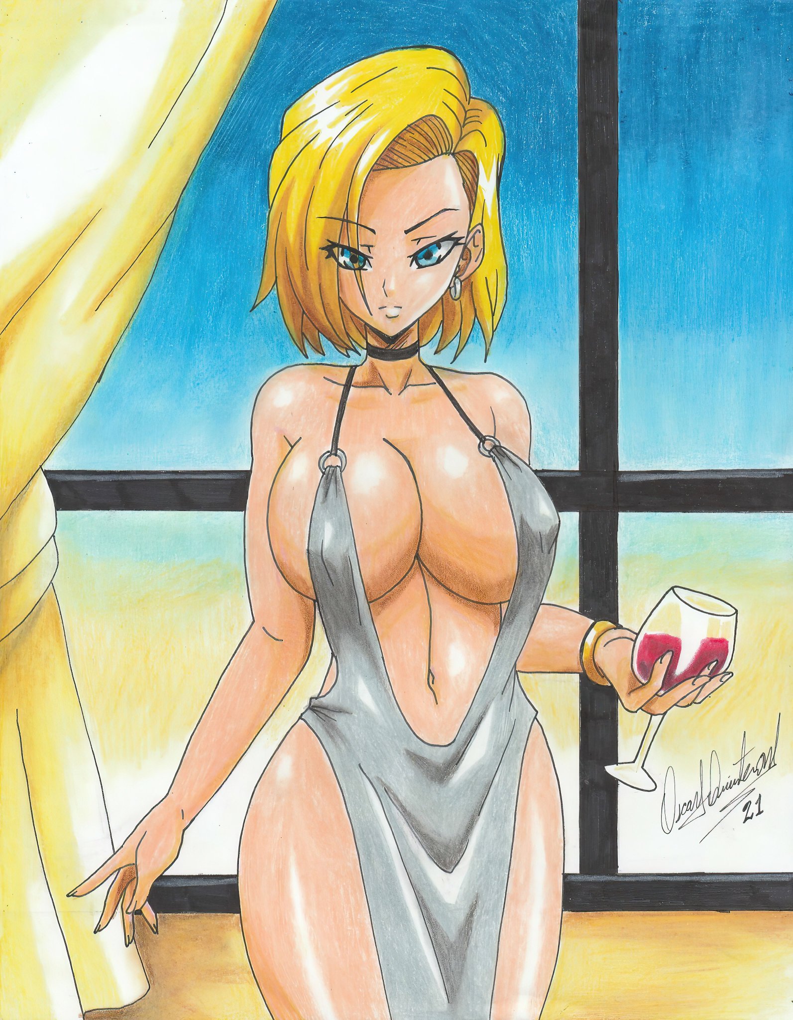 1girls, 2021, android, android 18, azur lane, bare thighs, big breasts, blonde female, blonde hair, blue eyes, breasts, choker, cleavage, clothed, clothing, commission, curtains, dragon ball, dragon ball z, dress, female, female only, glass, huge breasts, inside, looking at viewer, navel, nipple bulge, nipples visible through clothing, no bra, partially clothed, pencil (artwork), plunging neckline, ravern clouk, sky, solo, solo female, st. louis (luxurious wheels) (azur lane) (cosplay), thick, thick hips, thick thighs, vine, window