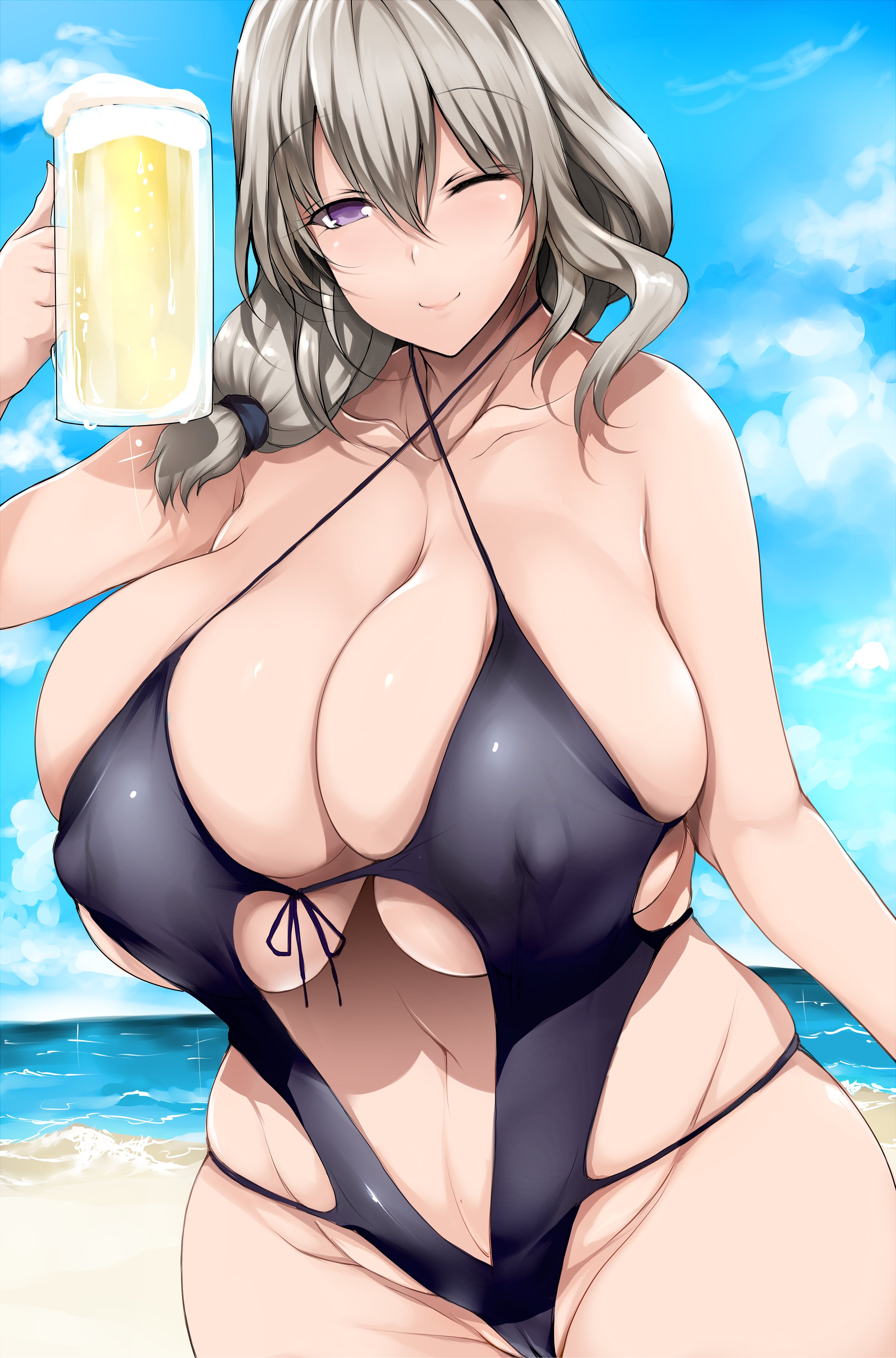 1girls, alcohol, beer, blue eyes, breasts, cleavage, female, hips, holding object, huge breasts, light skin, light-skinned female, long hair, massive breasts, mature female, milf, mother, side ponytail, swimsuit, thick thighs, thighs, tsukasawa takamatsu, uzaki tsuki, uzaki-chan wa asobitai!, white hair, wide hips