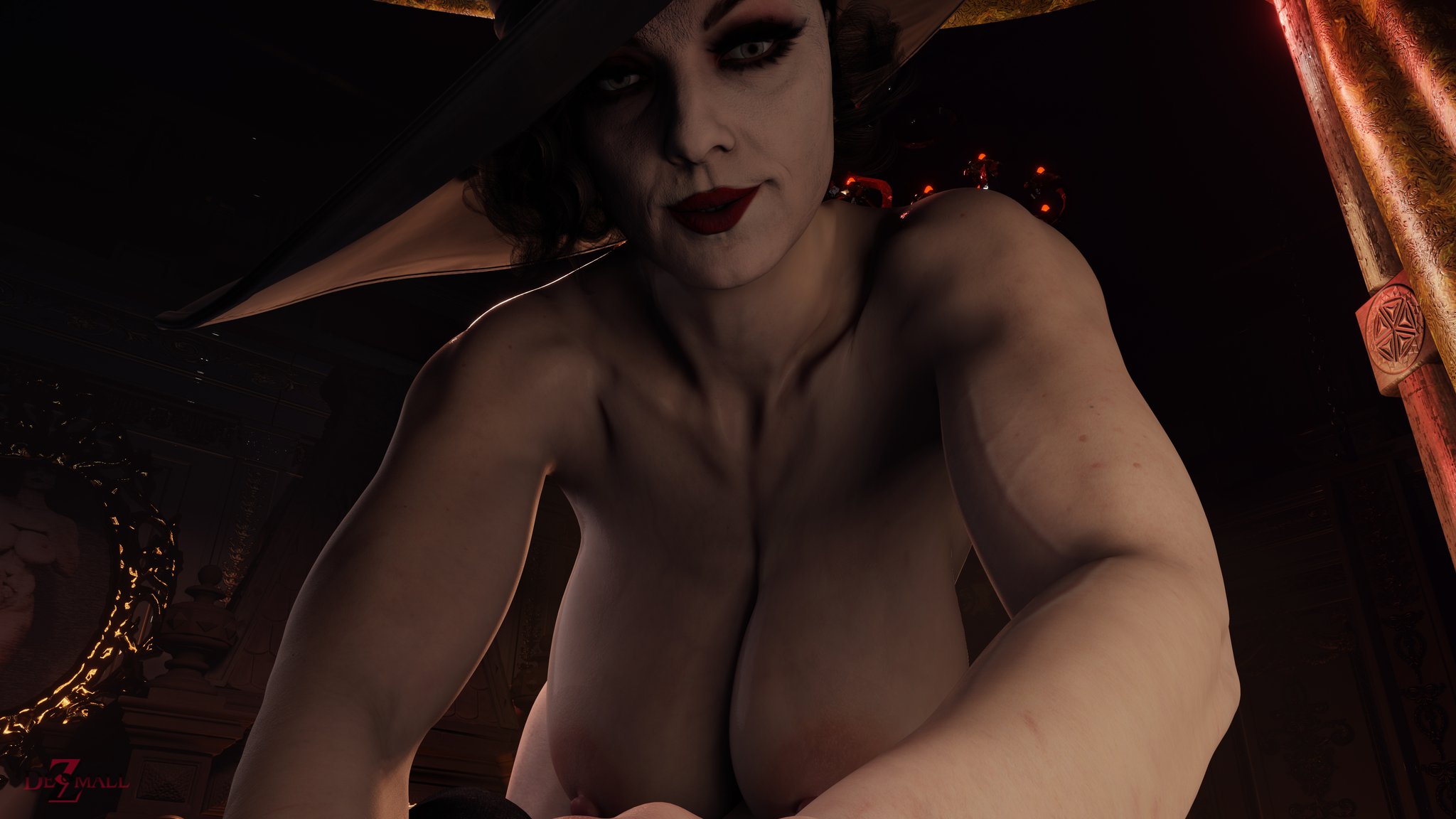 1girls, 3d, 3d (artwork), 4k, abs, absurdres, alcina dimitrescu, areola, areolae, big breasts, black hair, blender, breasts, busty, capcom, cleavage, dezmall, female, giantess, hat, highres, hips, hourglass figure, large breasts, light skin, light-skinned female, lips, lipstick, milf, mutant, nipples, nude, pale skin, pale-skinned female, red lipstick, resident evil, resident evil 8: village, sun hat, tall female, vampire, voluptuous, wide hips