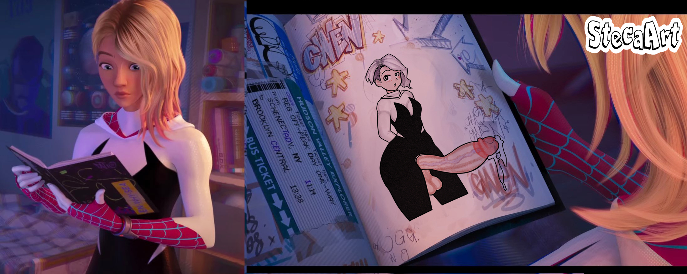 1futa, 1girls, accurate art style, balls, big balls, breasts, canonical scene, clothed, clothing, erection, female, futanari, gwen art check, gwen stacy, huge cock, human, intersex, large penis, light skin, light-skinned futa, marvel, marvel comics, meme, mostly clothed, pale skin, penis, precum, presenting, solo, spider-gwen, spider-man (series), spider-man: across the spider-verse, spider-man: into the spider-verse, standing, steca, thelazyart, undersized balls