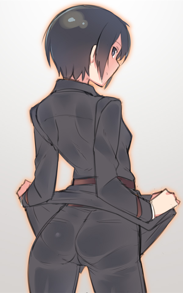 1girls androgynous ass business_suit em em_(totsuzen_no_hakike) female female_only fully_clothed kino kino_no_tabi lifting_clothing looking_at_viewer looking_back nipple_bulge presenting_ass solo tight_clothing tomboy very_short_hair