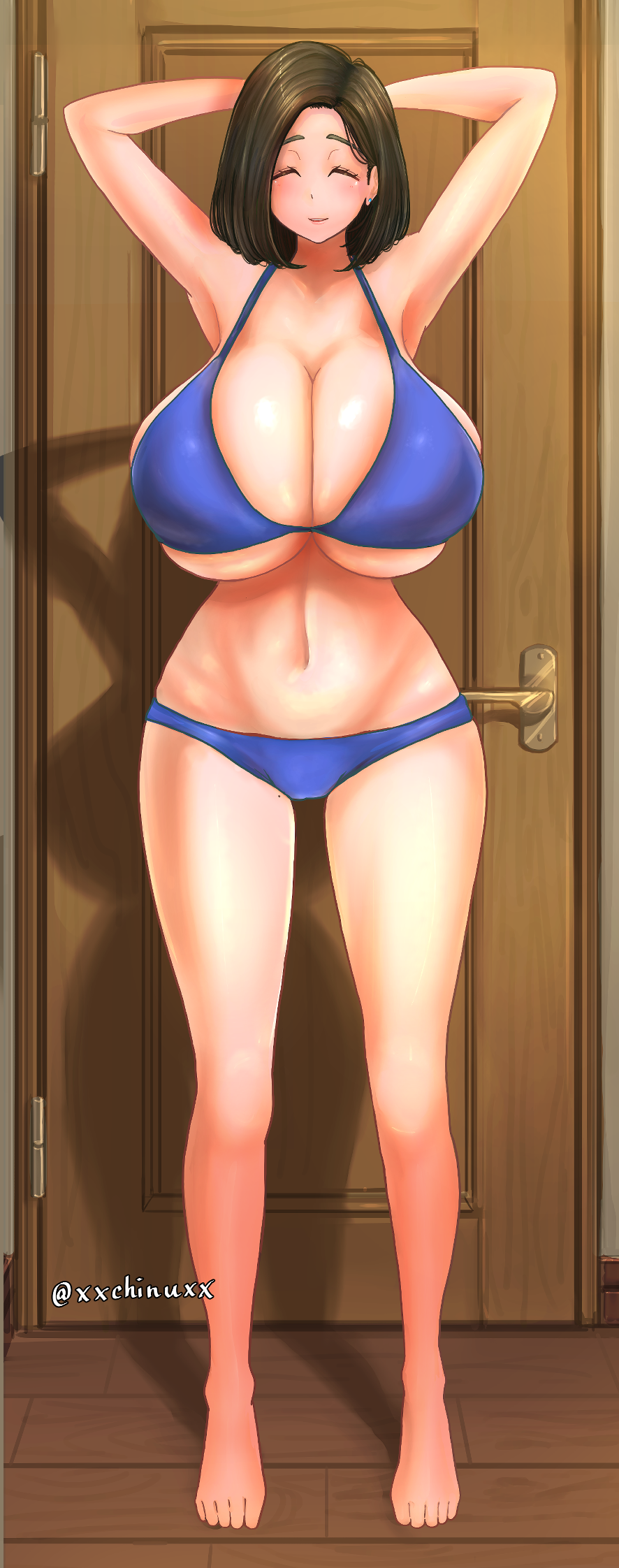 1girls bakunyuu big_breasts bikini blue_bikini brown_hair chinushroya closed_eyes door full_body hallway hands_behind_head huge_breasts mature_female milf original_character short_hair smile wide_hips xxchinuxx