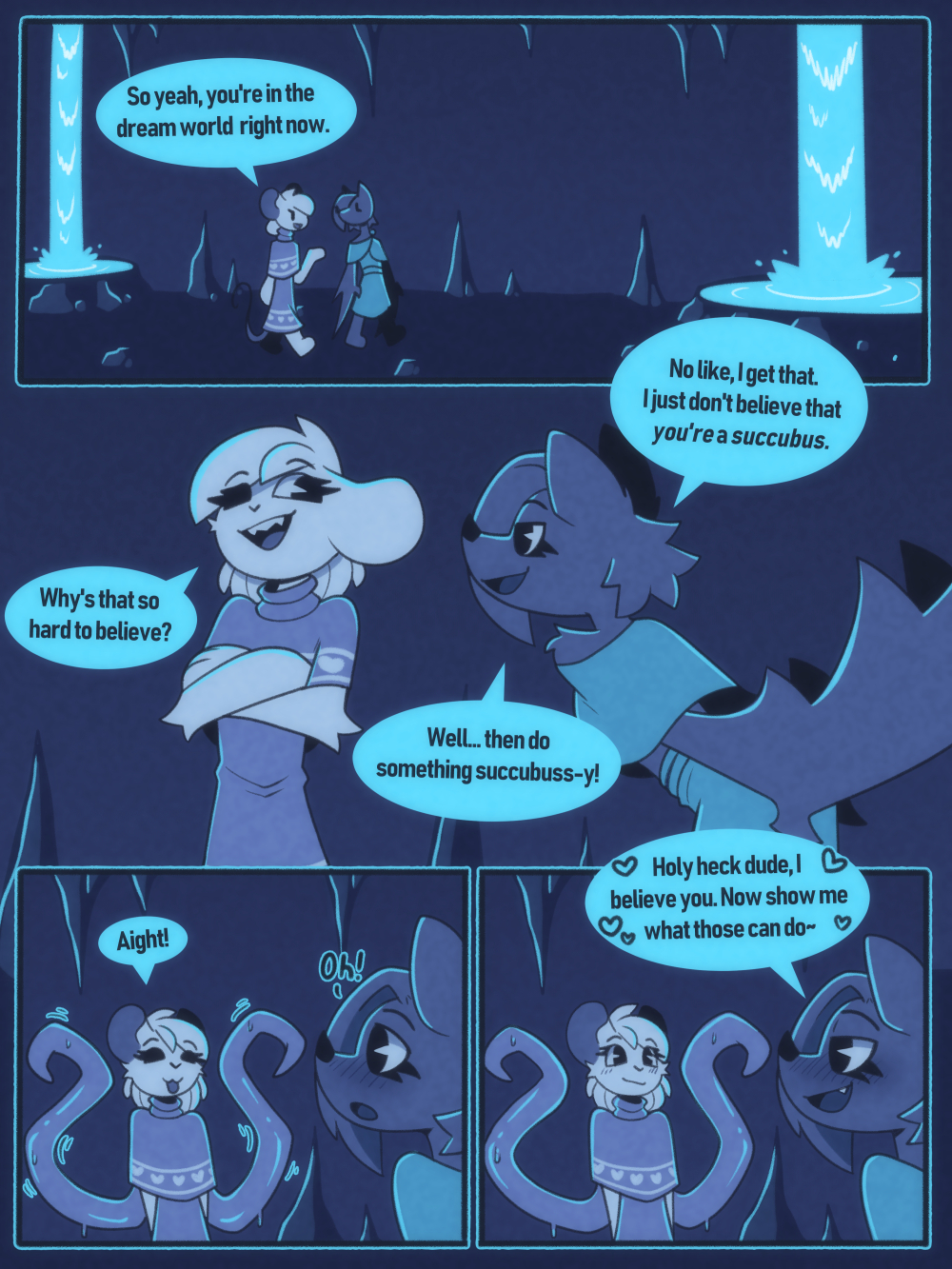comic page, demon, dialogue, dream, femboy, furry, imminent sex, male, rat, reggie (whygena), straight, succubus, tentacle, white fur, whygena