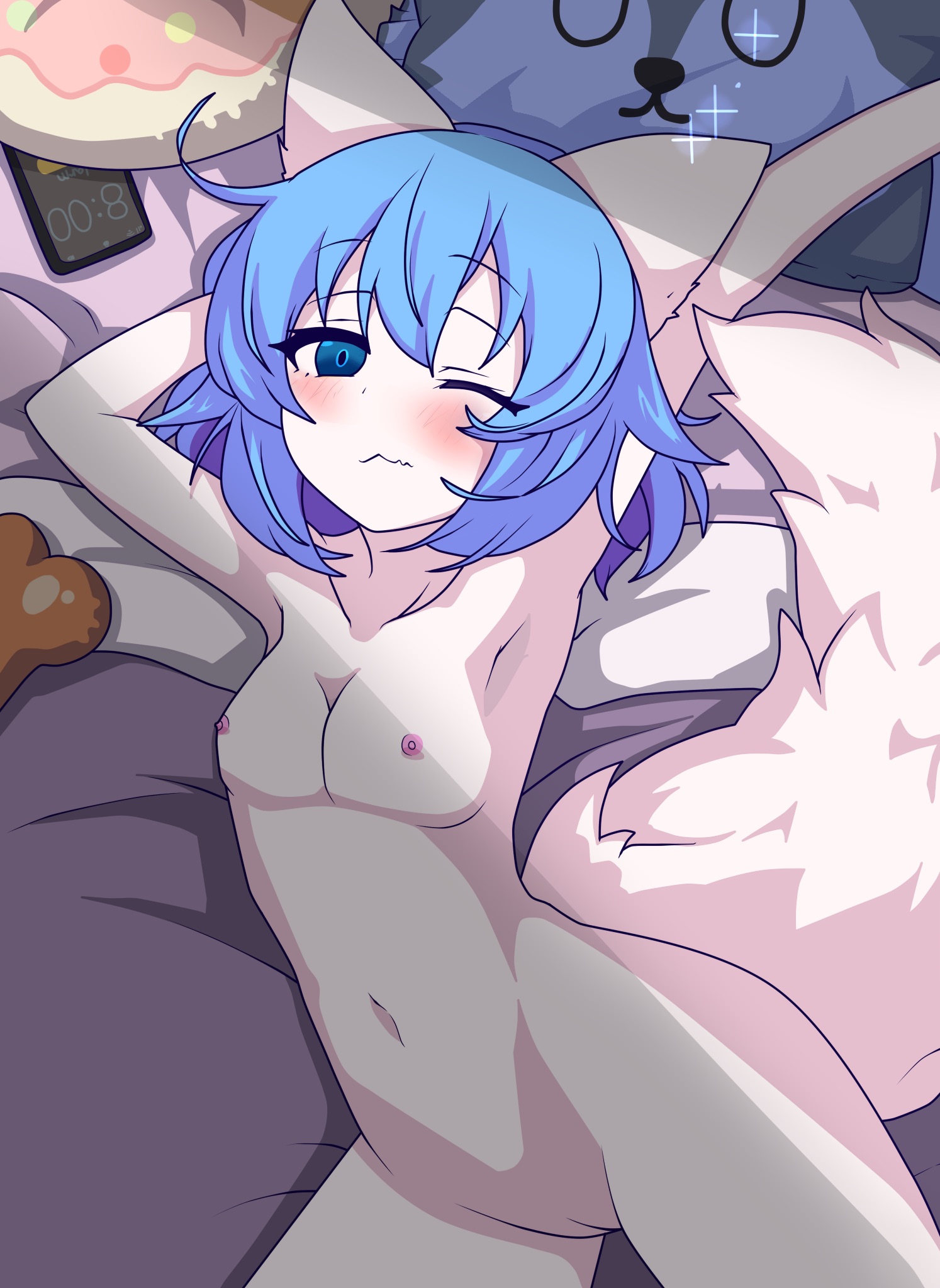 animal ears, bed, blue eyes, blue hair, breasts, edit, female, iphone, lying, lying on back, lying on bed, nude, plushie, pussy, small breasts, virtual youtuber, waking up, white fur, wink, winking, winking at viewer, wolfychu, youtube, youtuber