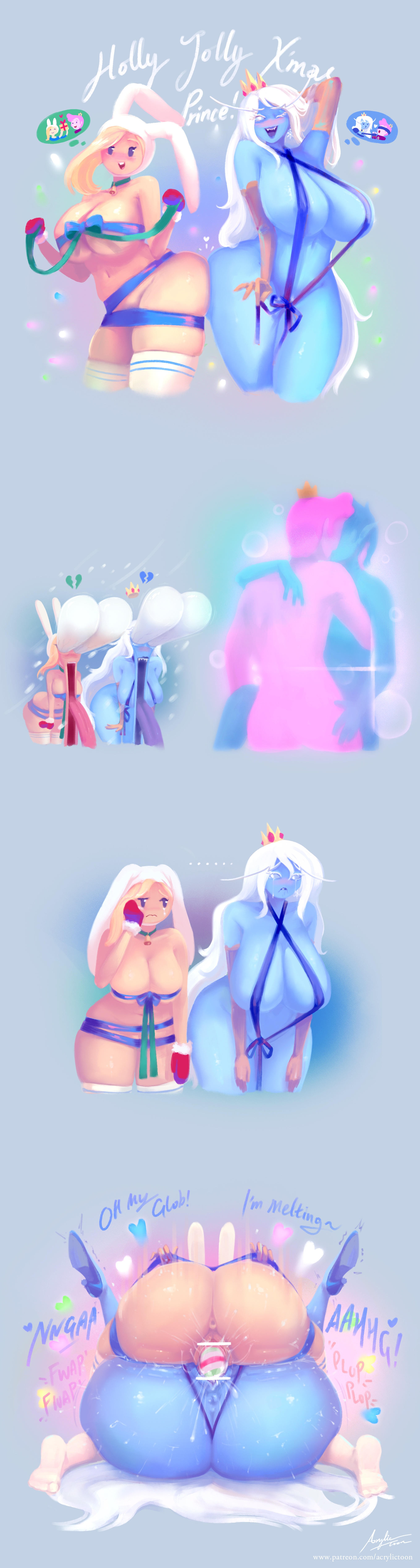 2boys, 2girls, acrylictoon, adventure time, anus, awooga, breasts, candy cane, censored, christmas, crying, dildo, eyes bugging out, female, fionna the human girl, high heels, ice queen, ice queen (adventure time), male, mating press, open mouth, penetration, prince gumball, pussy, sex toy, thought bubble, vaginal penetration, wild take, yuri