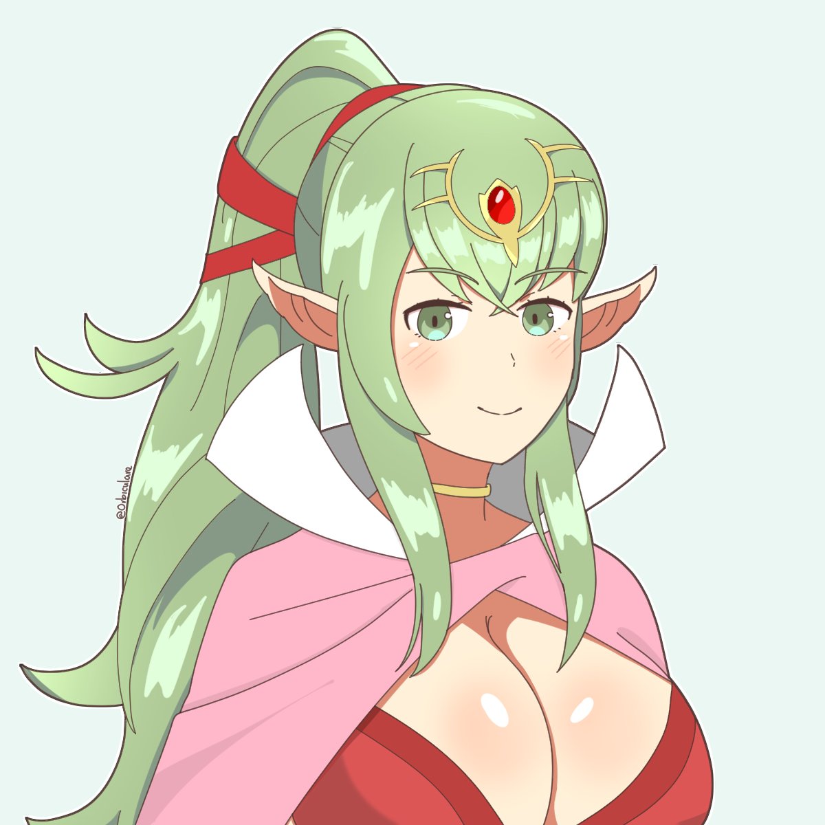 1girls adult busty cape cleavage fire_emblem fire_emblem_awakening green_eyes green_hair huge_breasts jewelry large_breasts long_hair looking_at_viewer milf nintendo no_bra orbiculare pointy_ears ponytail smile solo tiara tiki_(adult)_(fire_emblem) tiki_(fire_emblem)