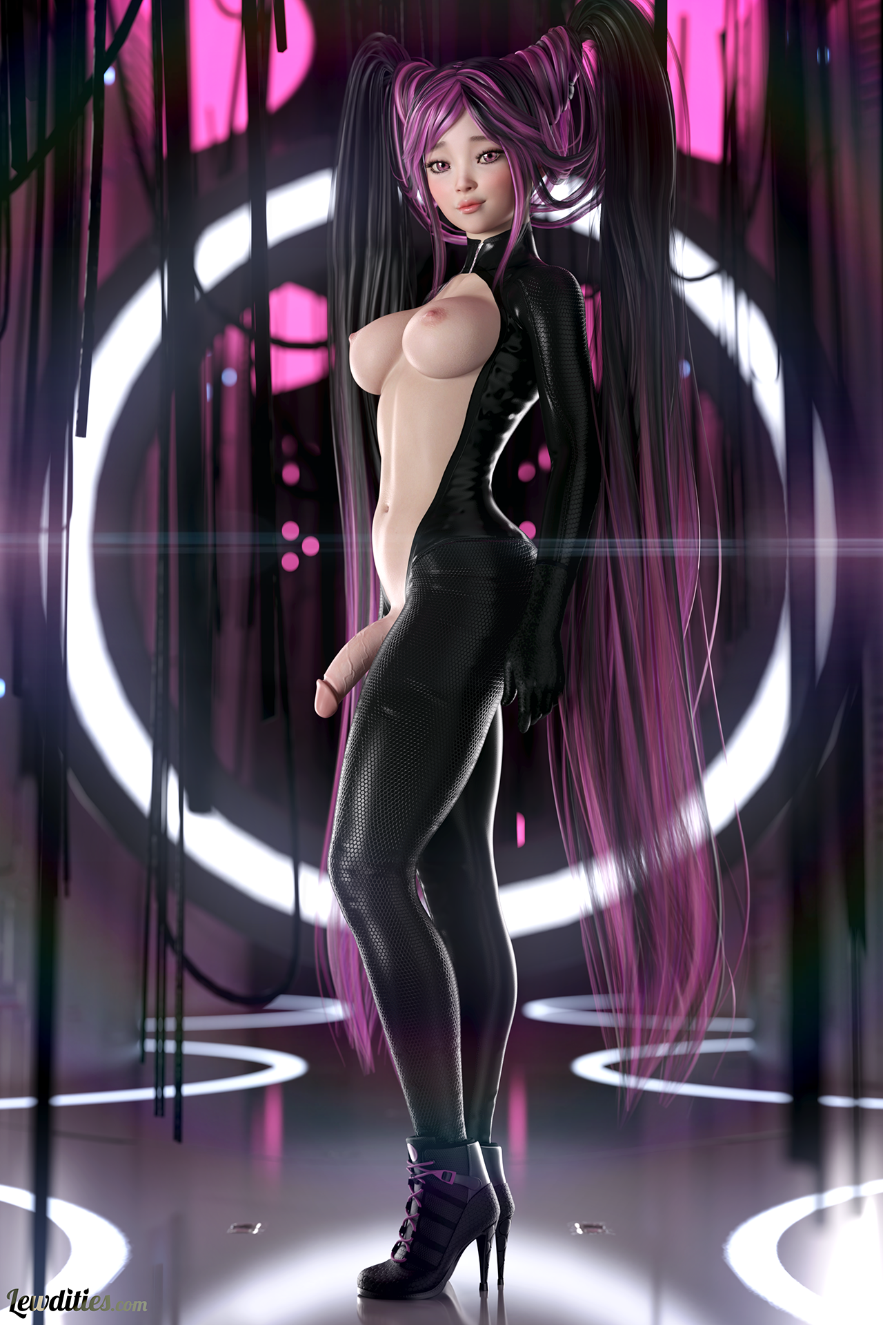 1futa, 3d, areolae, black hair, bodysuit, breasts, cute, dickgirl, erect nipples, functionally nude, futa only, futanari, half-erect, high heels, human, human only, intersex, large breasts, lewdities, light skin, light-skinned futa, looking at viewer, medium breasts, nipples, nude, nude futa, open bodysuit, original character, penis, pinup, purple hair, slushe (website), solo, solo futa, standing, taffi (lewdities), two-tone hair, very long hair