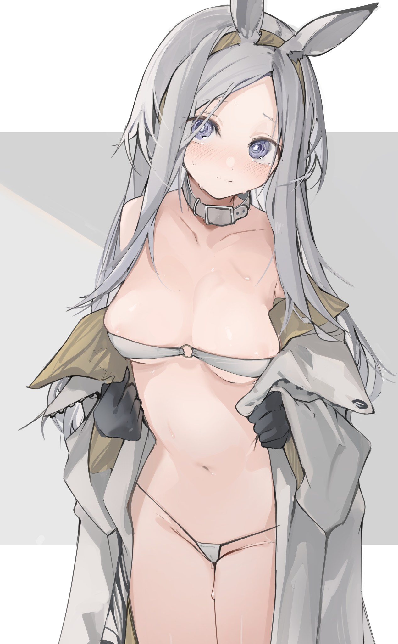 @ @, animal ears, areola slip, areolae, arknights, bandeau, bare shoulders, bikini, black gloves, blush, breasts, brown hairband, cameltoe, coat, collar, collarbone, cowboy shot, female, forehead, gloves, grey background, grey bikini, grey coat, hairband, heavyrain (arknights), highres, horse ears, long hair, long sleeves, looking at viewer, medium breasts, mikozin, navel, nervous smile, open clothes, open coat, purple eyes, pussy, silver hair, smile, solo, stomach, strapless, strapless bikini, sweat, swimsuit, tearing up, undressing, very long hair