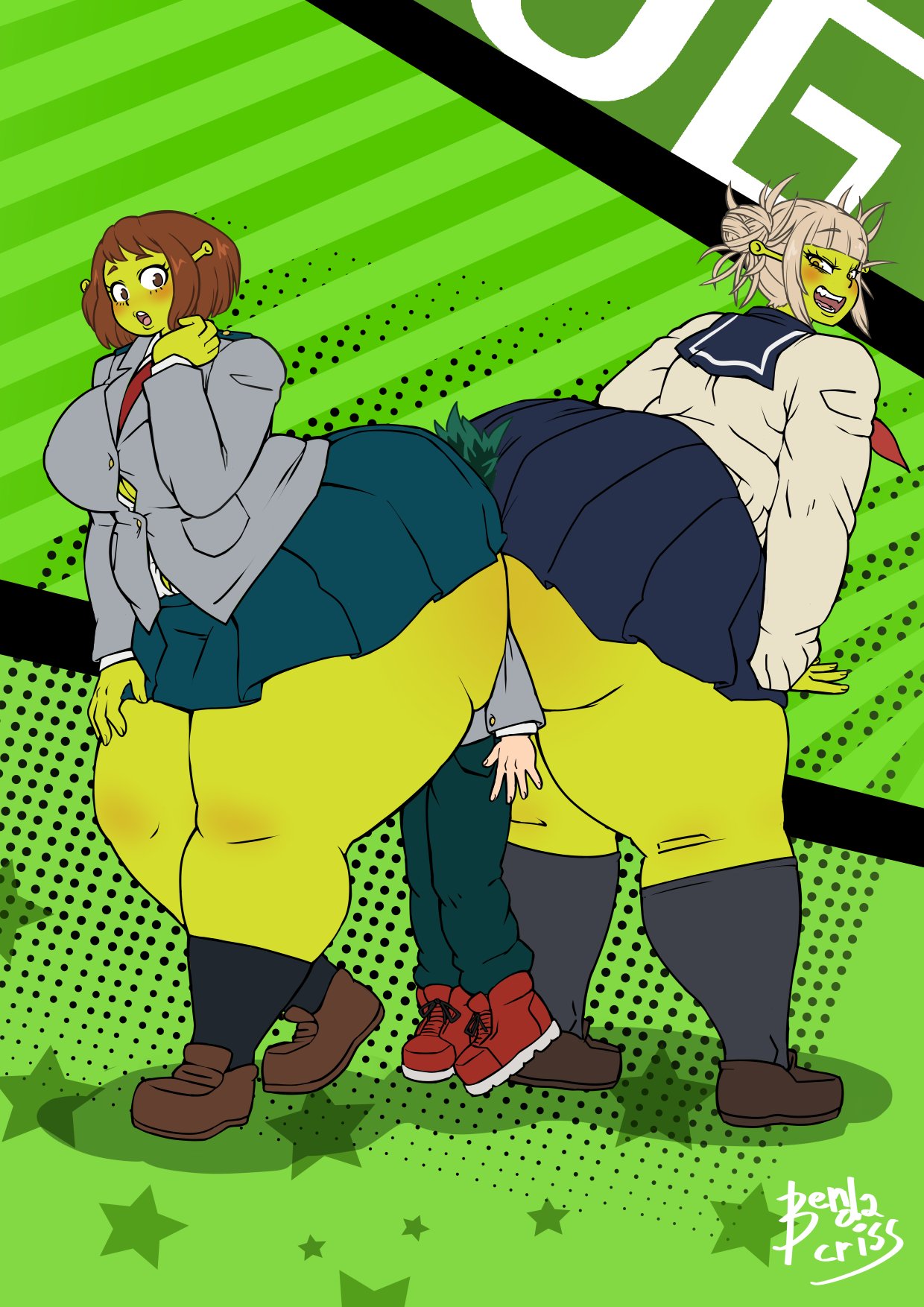 1boy, 2girls, ass, bendacriss, between ass, between buttocks, big breasts, blush, boku no hero academia, breasts, butt squish, female, green skin, height difference, himiko toga, huge ass, izuku midoriya, large ass, male, midoriya izuku, monster, monster girl, my hero academia, ochako uraraka, ogre, sandwiched, short skirt, shrek (series), thick thighs, toga himiko, uraraka ochako