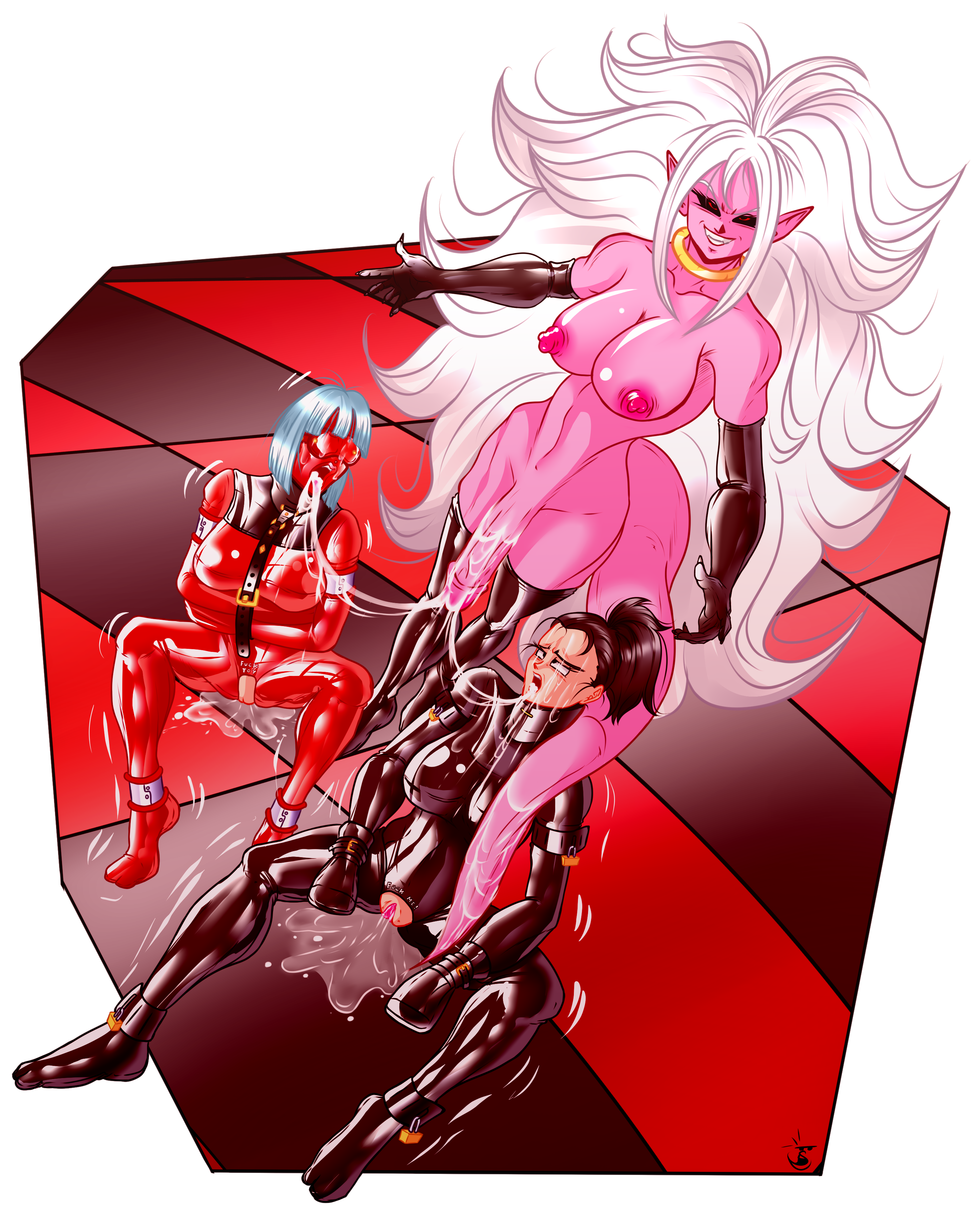 1futa, 2girls, 3girls, android 21, android 21 (evil), areolae, ass, big breasts, blue hair, bodysuit, bondage, bondage gear, breasts, bulma briefs, cameltoe, chichi, cleavage, clothed, clothing, curly hair, curvy, dragon ball, dragon ball fighterz, elbow gloves, erect nipples, erection, female, fluids, futanari, gloves, high-angle view, huge areolae, huge ass, huge breasts, huge cock, human, humanoid, humanoid penis, intersex, latex, latex gloves, latex suit, majin android 21, mittens, mostly clothed, multiple subs, nipples, nude, orange hair, penis, pink skin, puffy nipples, pussy, santaima z, semen, slave, slave outfit, standing, straitjacket, tail sex, thick lips, thick thighs, thighhighs, very long hair, voluptuous, white hair, wide hips