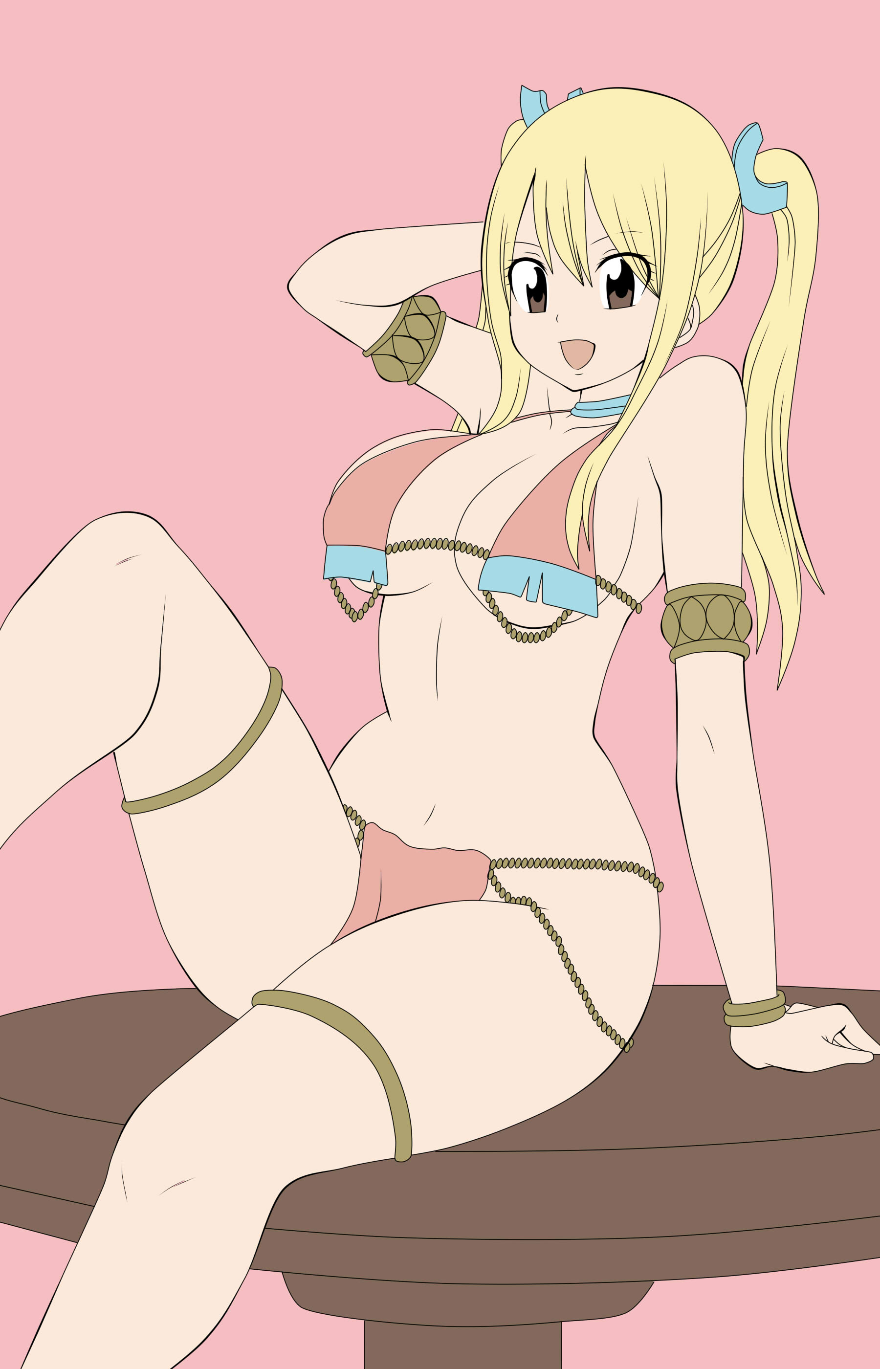 1girls, armlet, belly dancer, belly dancer outfit, blonde hair, blonde-haired female, breasts, brown eyes, dancer, dancer outfit, dmayaichi, fairy tail, female, female only, fit female, harem girl, harem outfit, large breasts, linea alba, loincloth, lucy heartfilia, lucy heartfilia (belly dancer), twintails, voluptuous, voluptuous female