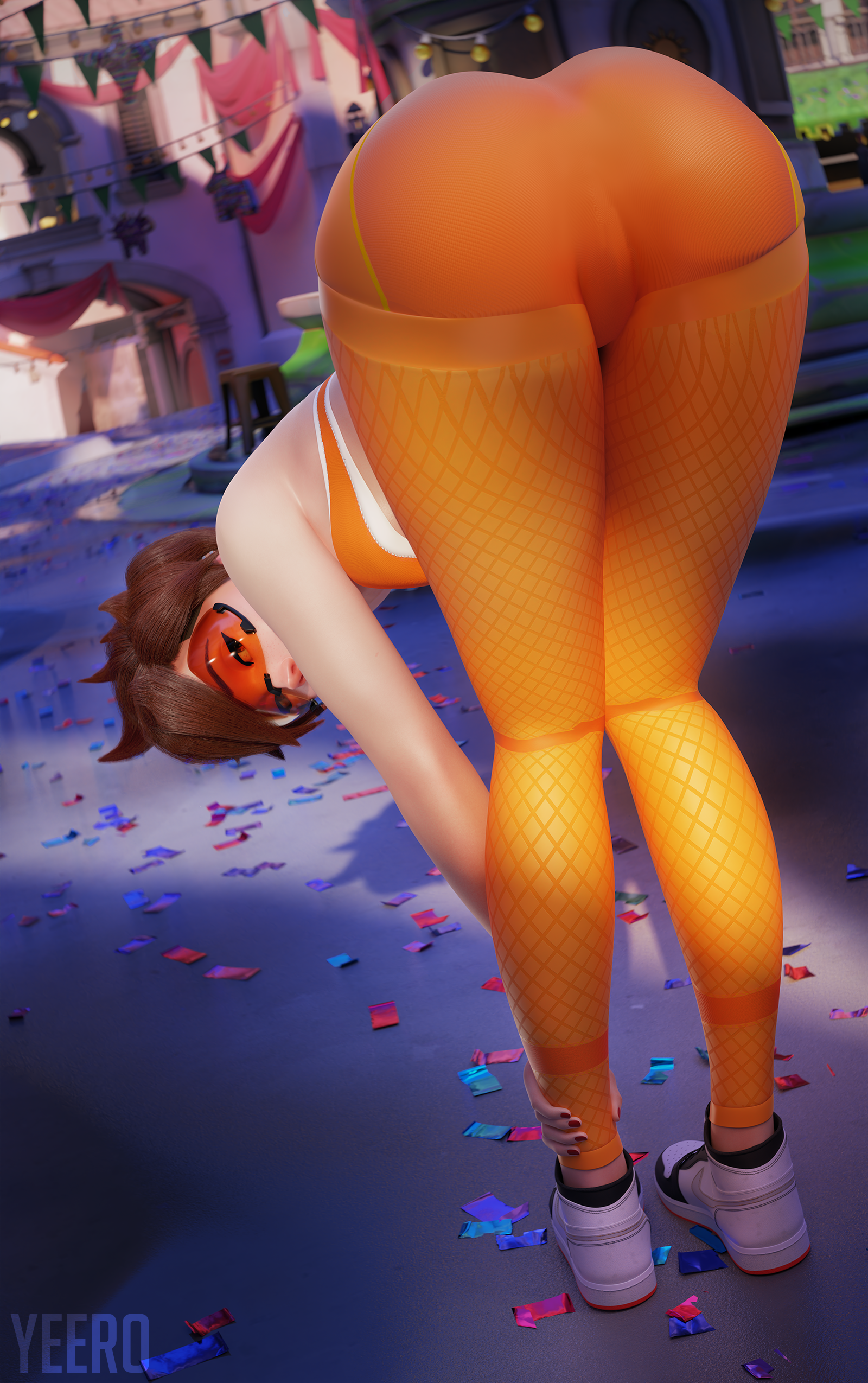 1girls, 3d, artist name, ass, bent over, big ass, blender, blizzard entertainment, face down ass up, female, female only, leggings, lena oxton, light skin, light-skinned female, overwatch, overwatch 2, pale skin, pale-skinned female, solo, tight clothing, tracer, tracer (overwatch 2 suit), watermark, yeero