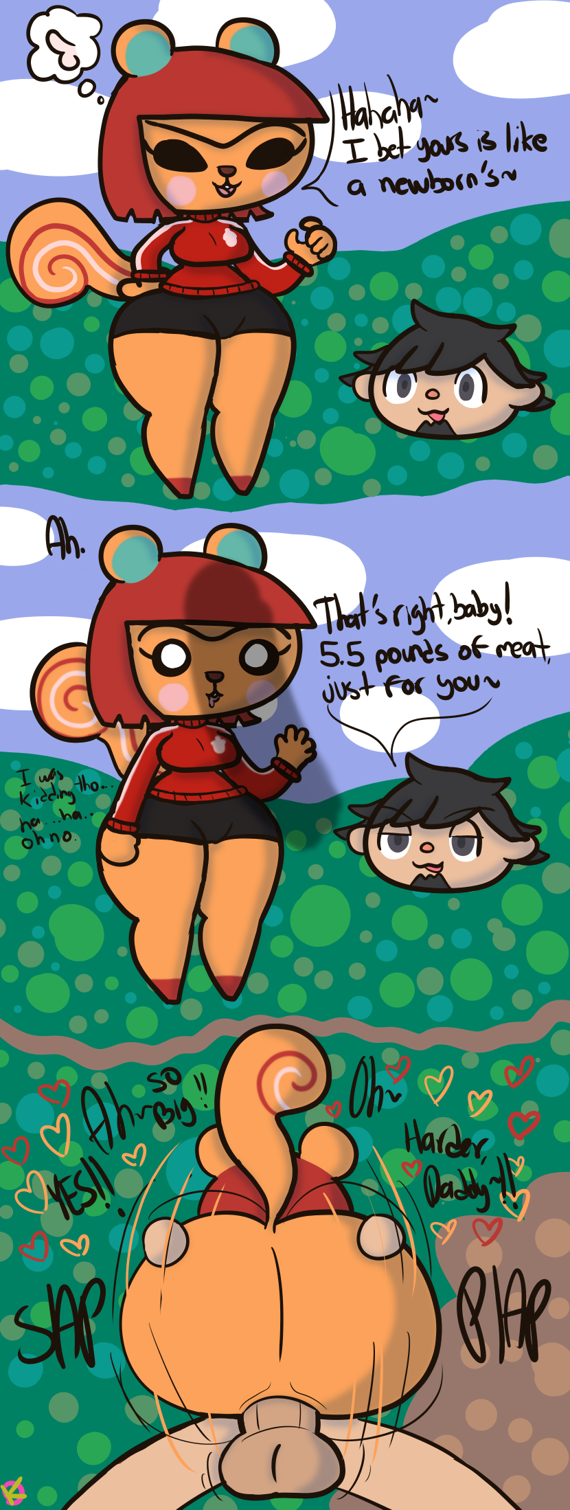 2021 ambiguous_penetration animal_crossing anthro bottomwear clothing cowgirl_position disembodied_head disembodied_penis duo female female_on_top from_front_position genitals hazel_(animal_crossing) hi_res hotpants human instant_loss_2koma klutzatdusk male male/female mammal motion_lines nintendo on_bottom on_top penetration penis penis_awe penis_shadow public riding rodent sciurid sex shorts shortstack smug sound_effects surprise teasing tight_clothing video_games villager_(animal_crossing)