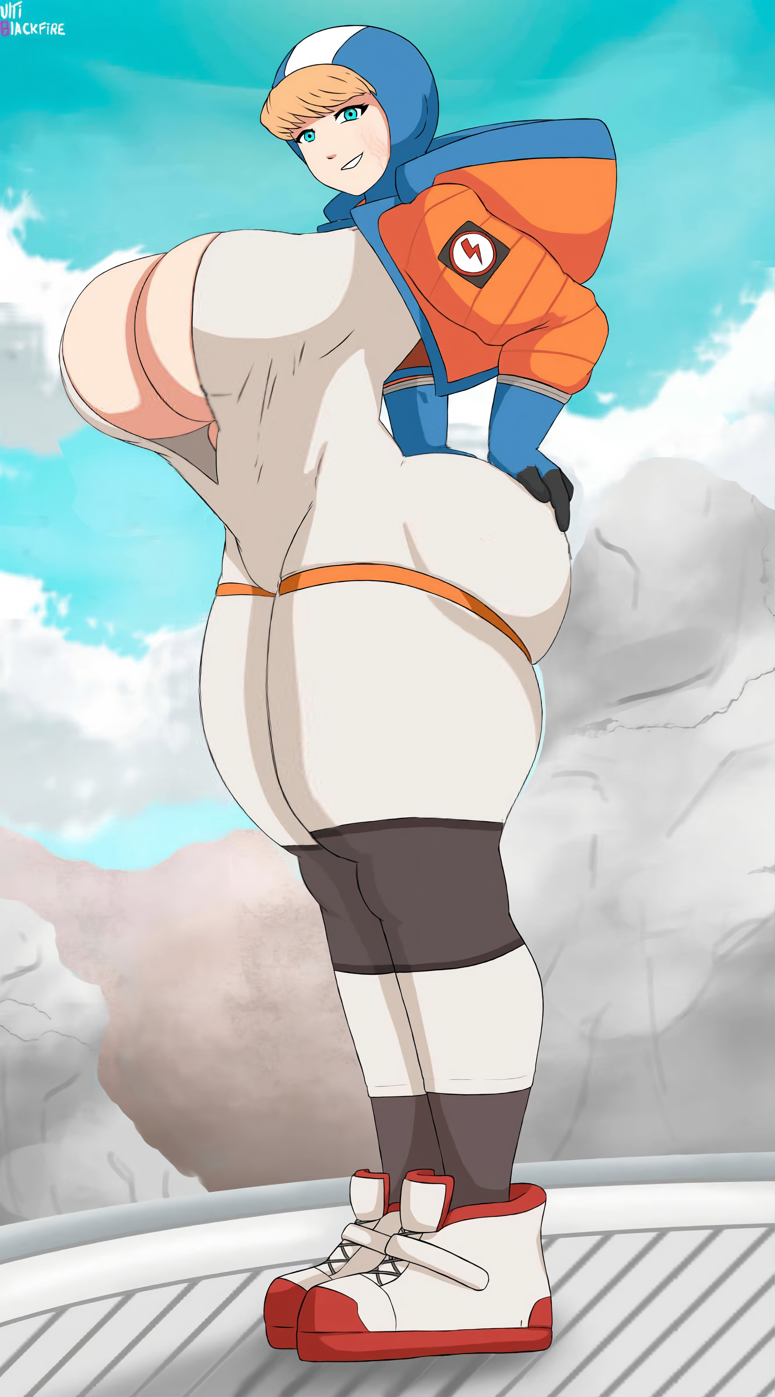 aged up, alternate breast size, apex legends, ass, big ass, big breasts, big butt, breasts, bursting breasts, bursting butt, bursting clothes, female, huge ass, huge breasts, looking at another, looking at partner, looking at viewer, short hair, skin tight, stretched clothing, thick, thick ass, thick hips, thick legs, thick thighs, tight clothes, tight clothing, tight pants, tights, ultiblackfire, wattson (apex legends)