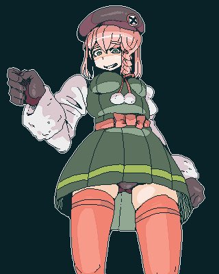 1girls 2018 :d beatriz_(metal_slug) beret black_background black_gloves breasts clenched_teeth dress female female_focus female_only green_dress green_eyes looking_at_viewer medium_breasts metal_slug metal_slug_attack military military_uniform pink_hair red_socks red_thighhighs short_hair simple_background snk viewed_from_below white_jacket