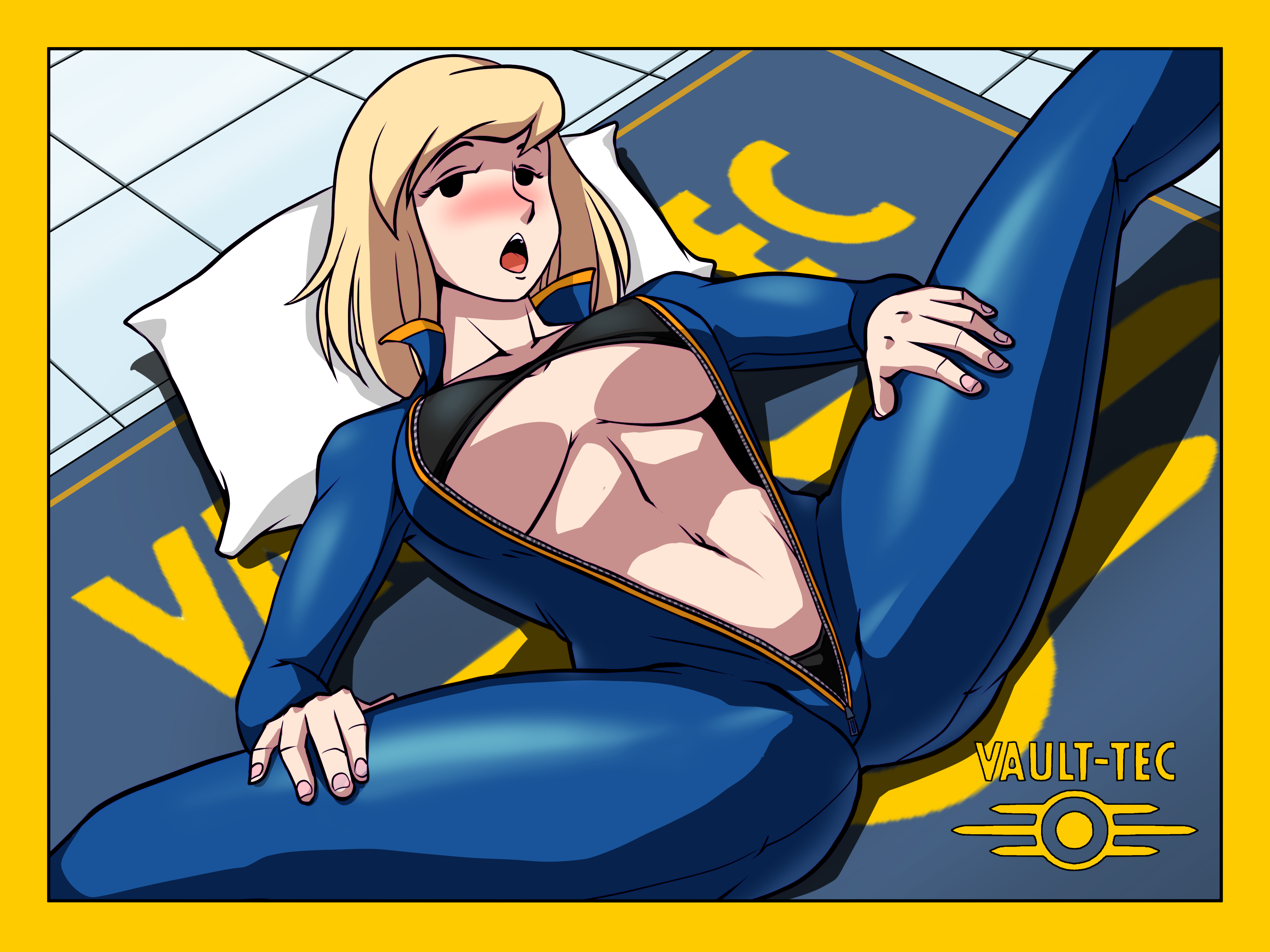 aroused, bethesda softworks, big breasts, blush, breasts, fallout, fallout (series), female, female only, jumpsuit, mob face, no artist signature, on back, open mouth, solid eyes, spread legs, tagme, unzipped, unzipped bodysuit, vault dweller, vault girl, vault meat, vault suit
