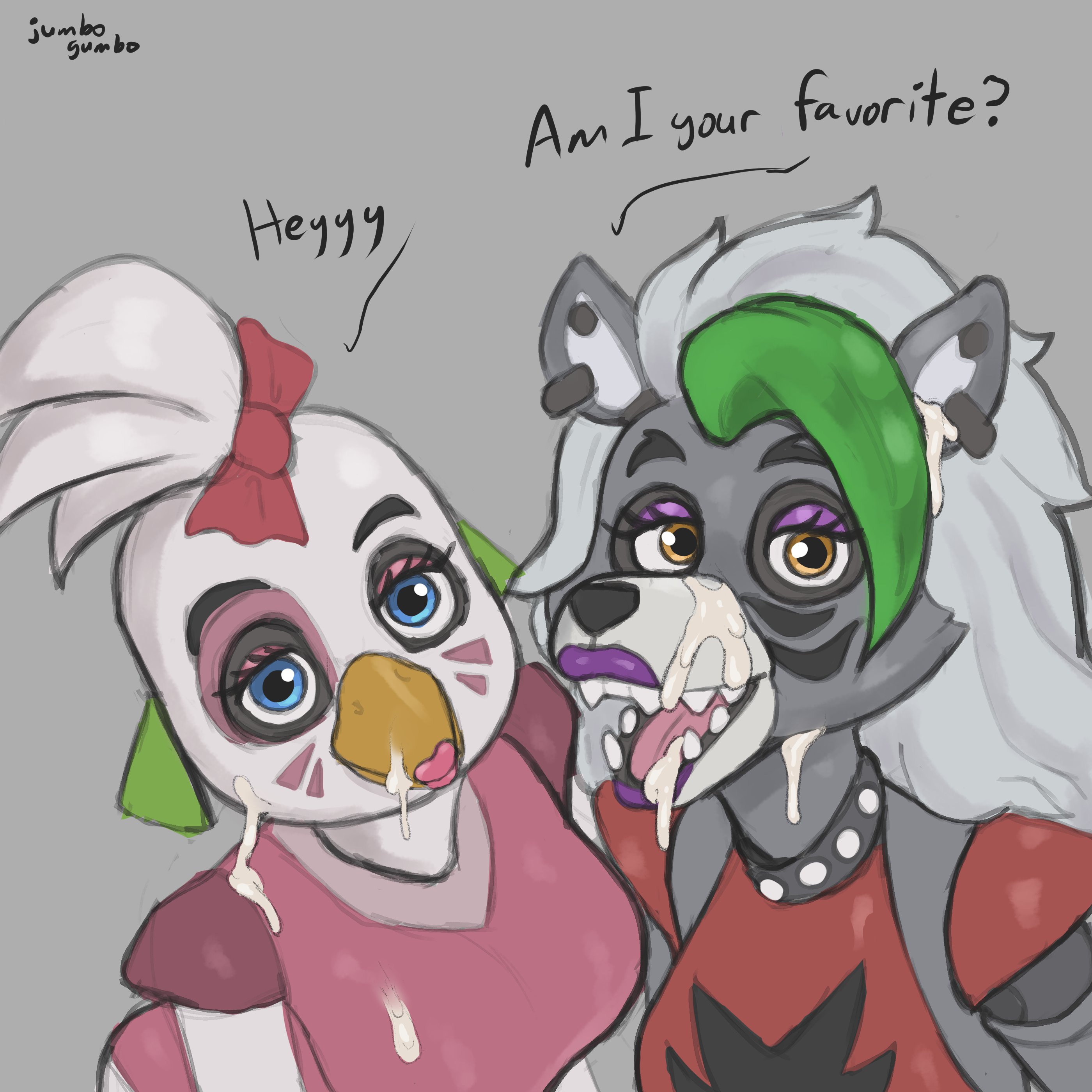 2girls, animatronic, anthro, beak, bird humanoid, cum, cum on face, cum on upper body, facial, female, five nights at freddy's, five nights at freddy's: security breach, glamrock chica (fnaf), jumbogumbo, looking at viewer, multiple females, multiple girls, robot, robot girl, robot humanoid, roxanne wolf (fnaf), wolf ears, wolf humanoid