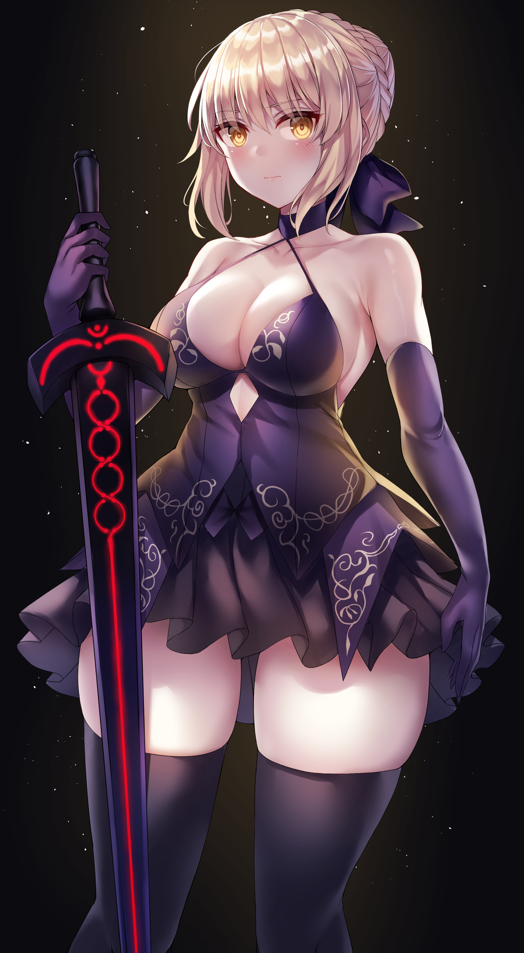 absurd res, artoria pendragon, artoria pendragon (alter), big breasts, black background, black dress, black gloves, black legwear, black ribbon, blonde hair, blush, braided hair, breasts, cleavage, fate (series), female, gloves, light skin, light-skinned female, opera gloves, ribbon, short dress, short hair, simple background, sparkle, sparkles, stockings, sword, thick thighs, thigh gap, thighs, white skin, wide hips, yellow eyes