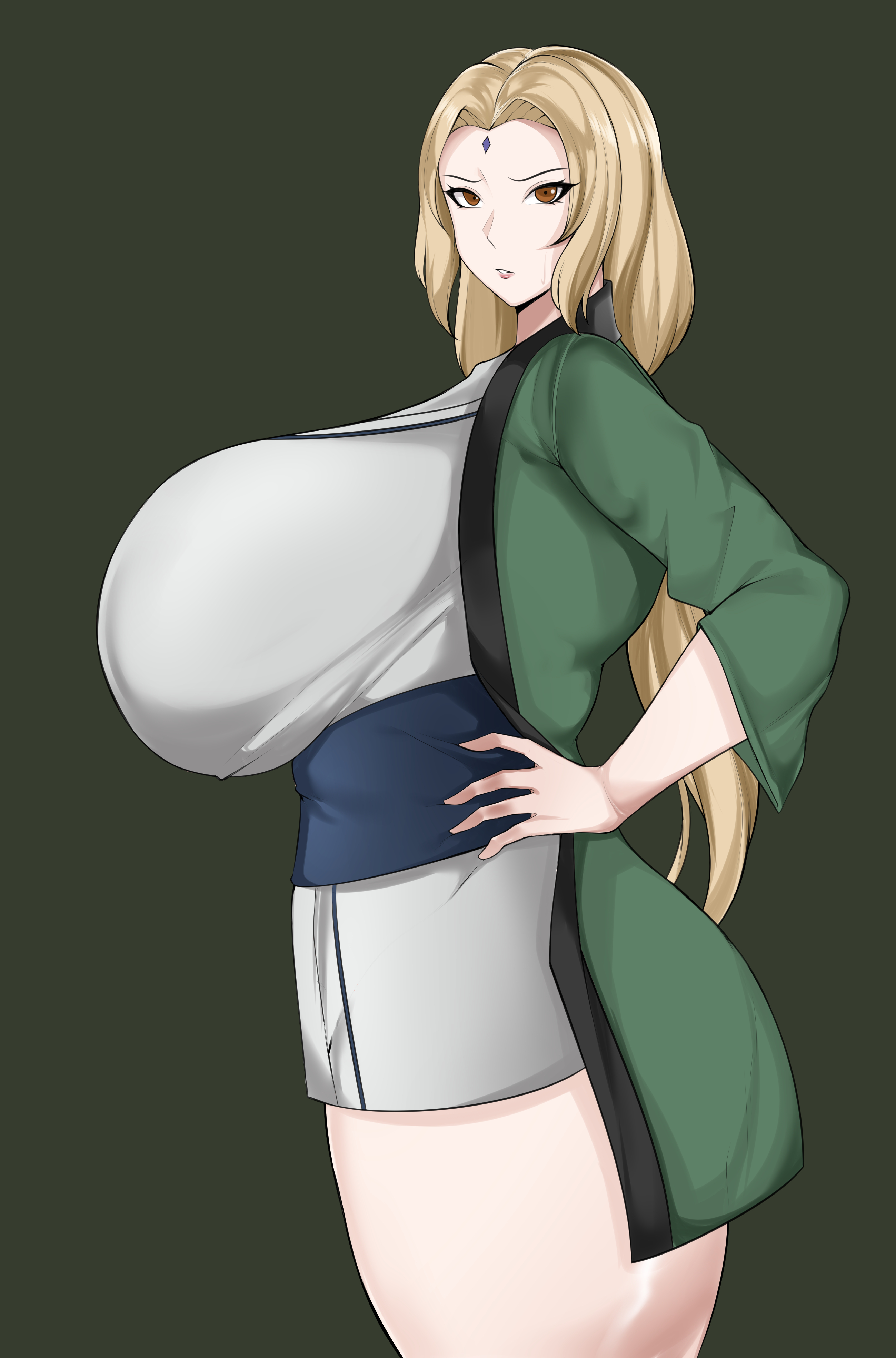 1girls, bare legs, bbw, big breasts, blonde hair, blush, bottomless, breasts, breasts bigger than head, brown eyes, facial mark, female, female only, forehead mark, gigantic breasts, half-dressed, haori, huge breasts, kimono, large breasts, light skin, light-skinned female, long hair, massive breasts, mature, mature female, naruto, naruto (series), naruto shippuden, owner (artist), parted lips, pinup, plump, shiny, shiny hair, shiny skin, side view, skindentation, thick thighs, tied hair, top heavy, tsunade, twintails, venus body, voluptuous
