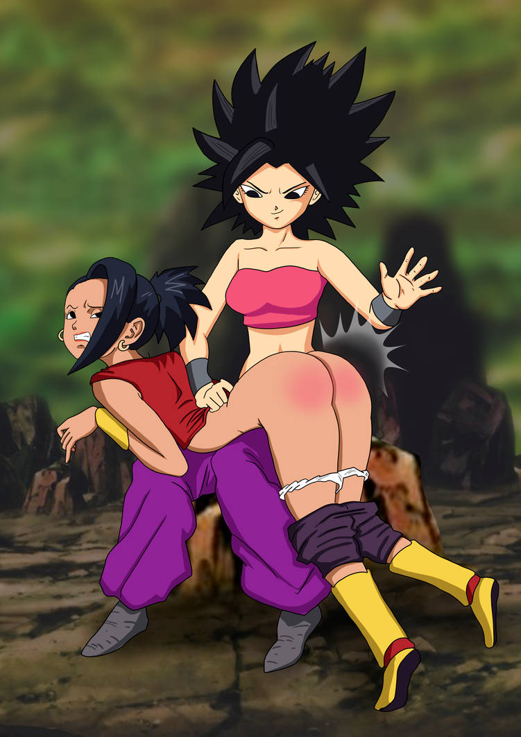 !! 2girls black_eyes black_hair caulifla dragon_ball dragon_ball_super enchartament female female_only hands_on_back kale looking_back multiple_girls over_the_knee_spanking panties_down pants_down purple_pants red_skirt small_breasts smile spank_marks spanking tournament_of_power white_panties yuri