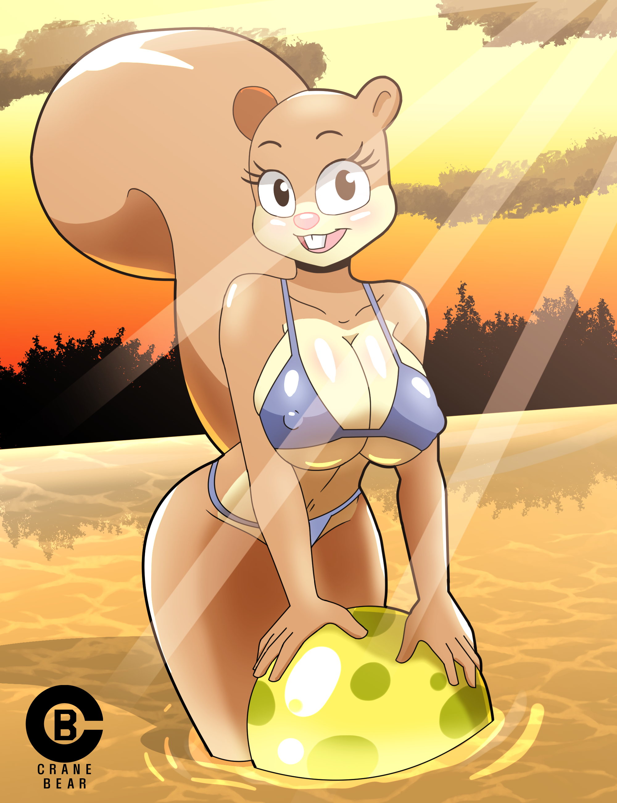 absurd res, anthro, ball (object), beach ball, bent over, big breasts, bikini, blush, breast squish, breasts, clothing, darktemplar2, female, hi res, huge breasts, inflatable, looking at viewer, mammal, nickelodeon, nipple outline, partially submerged, rodent, sandy cheeks, sciurid, smile, solo, spongebob squarepants, squirrel, squish, straight hair, swimwear, tree squirrel