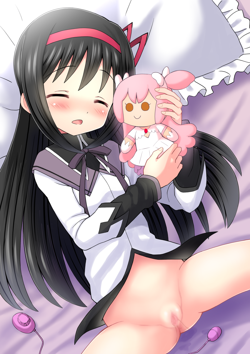 akemi_homura black_hair blush bottomless censored closed_eyes egg_vibrator female hair_ribbon highres long_hair magical_girl mahou_shoujo_madoka_magica masturbation mosaic_censoring open_mouth pussy qm ribbon sex_toy solo spread_pussy stuffed_toy ultimate_madoka vibrator