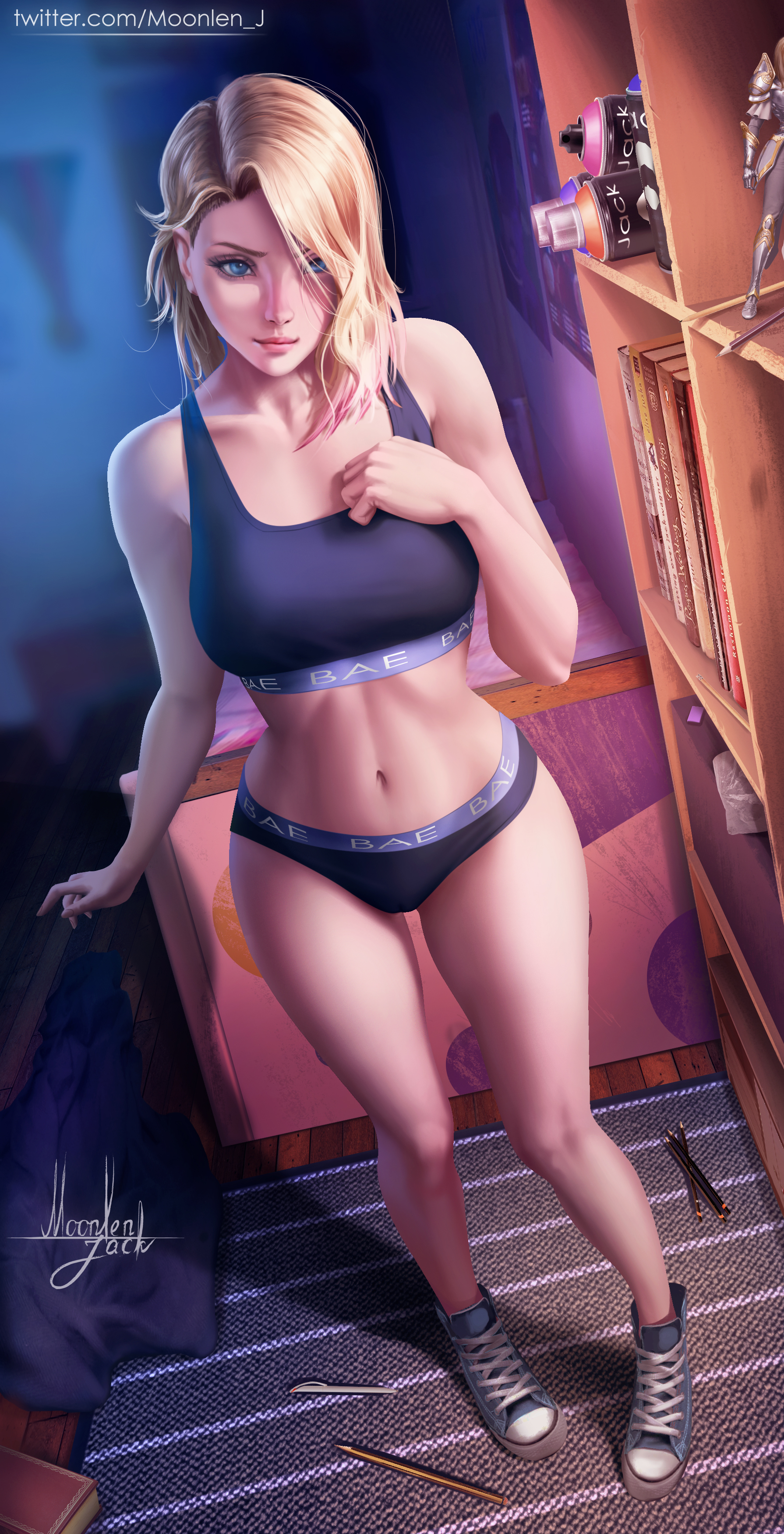 1girls, abs, blonde hair, blue eyes, bra, breasts, clothing, female, female only, fit, fit female, front view, gwen stacy, high resolution, indoors, large breasts, light skin, light-skinned female, marvel, marvel comics, moonlen-jack, muscles, navel, panties, short hair, solo, solo female, spider-gwen, spider-man (series), spider-man: across the spider-verse, sports bra, standing, thick thighs, thighs, underwear, very high resolution, waist, wide hips