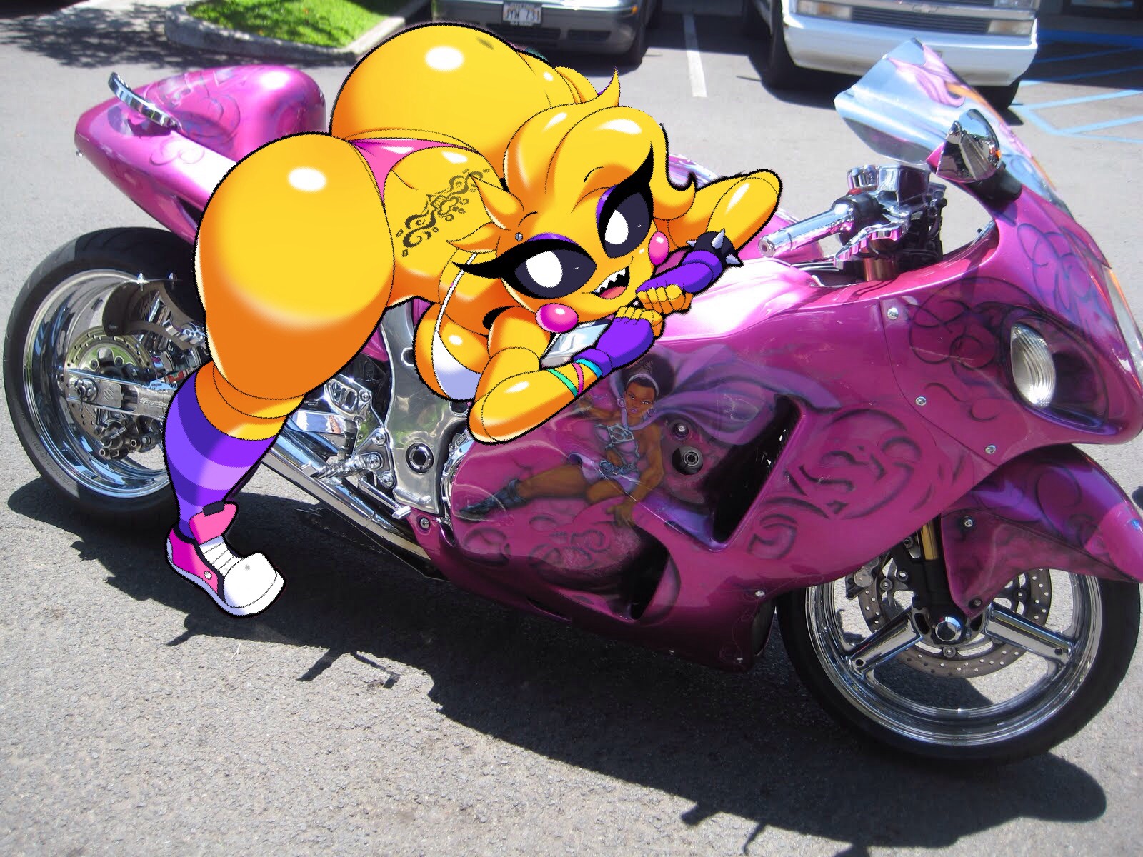1girls, animatronic, ass, ass cleavage, ass crack, big breasts, breasts, butt crack, edit, eroticphobia, female, female only, five nights at freddy's, five nights at freddy's 2, huge ass, motorcycle, solo, toy chica (eroticphobia), toy chica (fnaf)