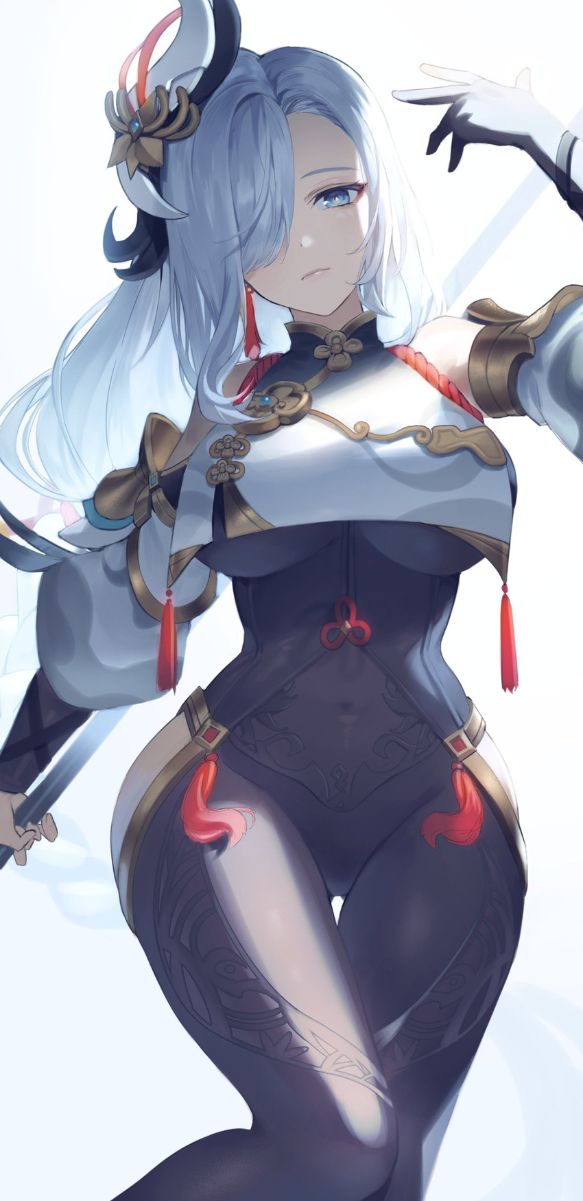 1girls, belly button, bodystocking, bodysuit, breasts, female, female only, genshin impact, hair over eyes, hair over one eye, looking at viewer, mamima, shenhe (genshin impact), thick thighs, thigh gap, underboob, white hair