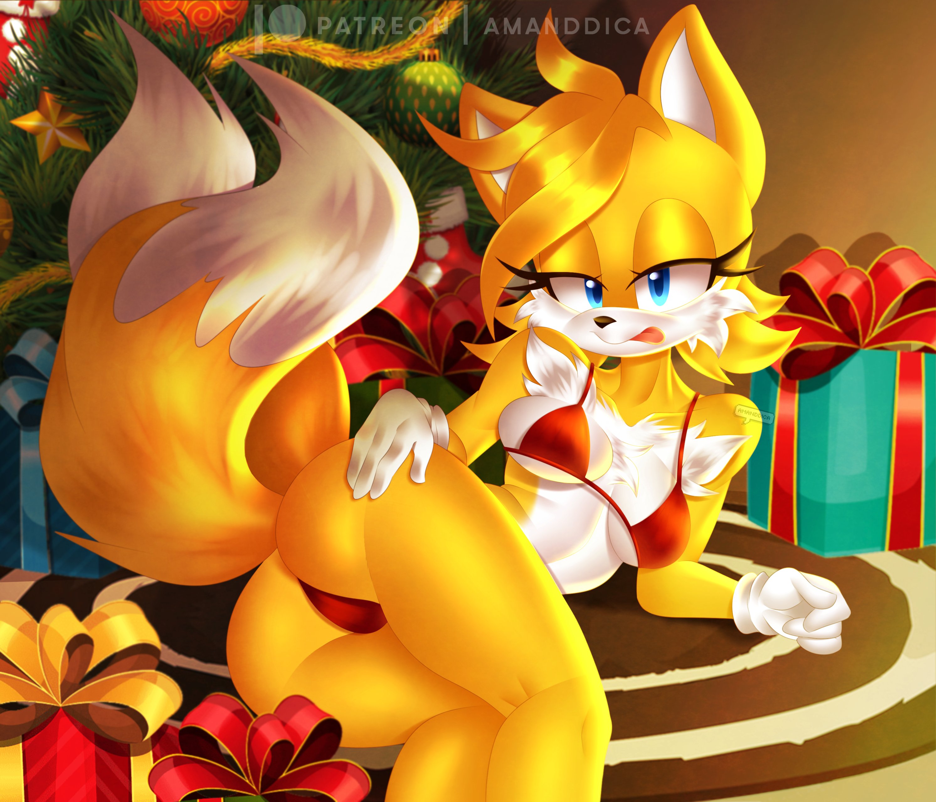 1girls, 2 tails, 2021, 2021s, absurd res, absurdres, amanddica, anthro, anthro female, anthrofied, ass, bedroom eyes, bikini, blue eyes, breasts, canid, canine, canis, cheek tuft, christmas, christmas tree, clothing, crossgender, dipstick tail, eyelashes, facial tuft, female, female anthro, female focus, female only, fox, fox ears, fox girl, fox tail, fur, furry, furry female, genderswap, genderswap (mtf), gift, glistening, glistening body, gloves, hand on hip, handwear, hi res, holidays, looking at viewer, mammal, markings, miles prower, miles tails prower, mtf crossgender, multi tail, narrowed eyes, plant, red bikini, rule 63, seductive, sega, smile, solo, solo female, solo focus, sonic (series), sonic the hedgehog (series), swimwear, tail, tail markings, tails, tails the fox, tailsko, tongue, tongue out, tree, tuft, white body, white fur, yellow body, yellow fur, yellow hair
