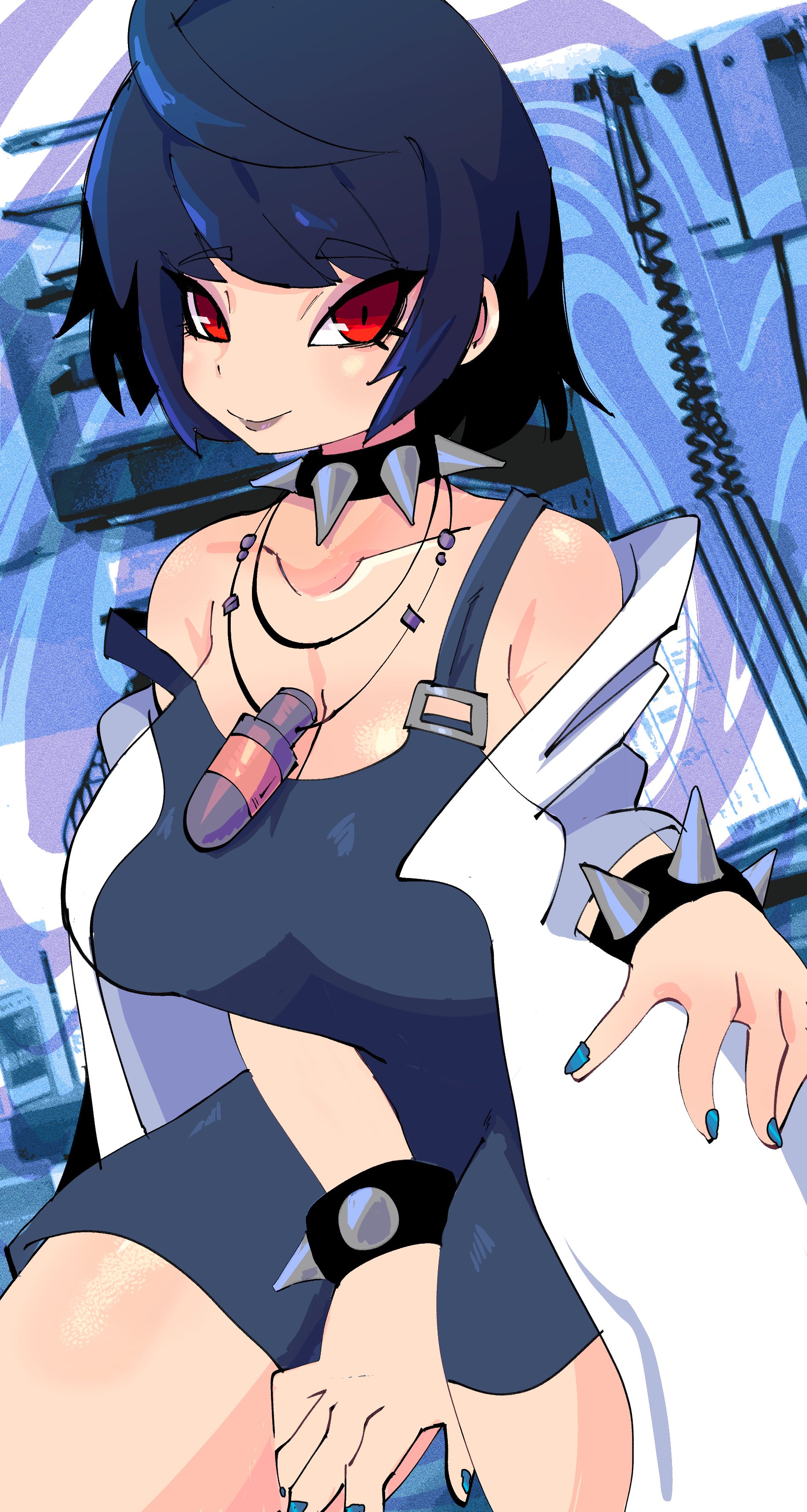 1girls, big breasts, big thighs, blue fingernails, blue hair, bracelet, breasts, collar, dark hair, female, jiansketch, labcoat, large breasts, large thighs, megami tensei, necklace, persona, persona 5, persona 5 royal, red eyes, scientist, shin megami tensei, short hair, sitting, smile, solo, solo female, solo focus, spiked bracelet, spiked collar, tae takemi