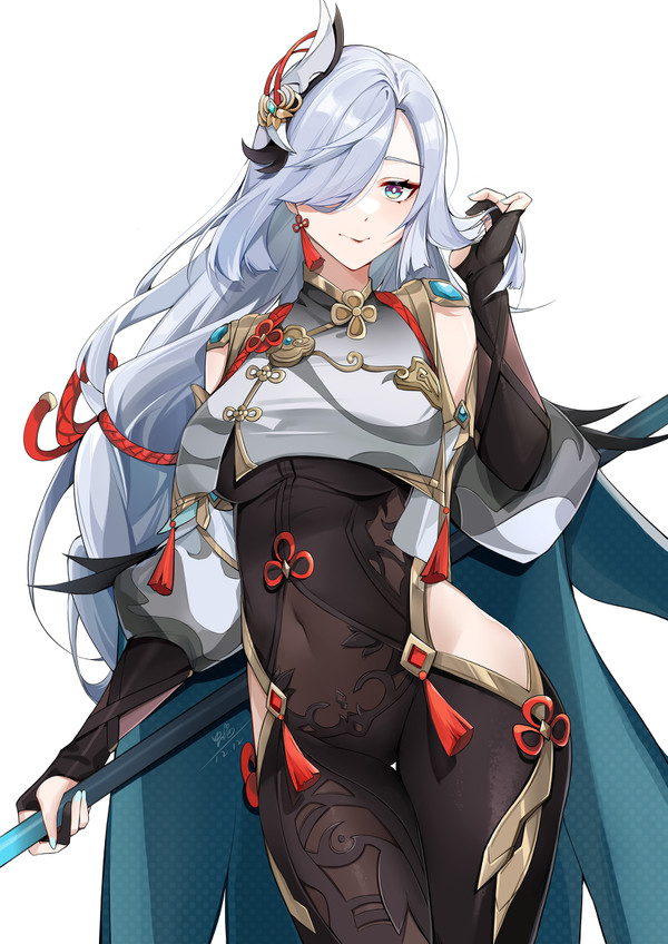 1girls, bodystocking, breasts, clothed, clothed female, female, female only, genshin impact, hair over one eye, shenhe (genshin impact), simple background, thick thighs, thighs, unknown artist, white hair