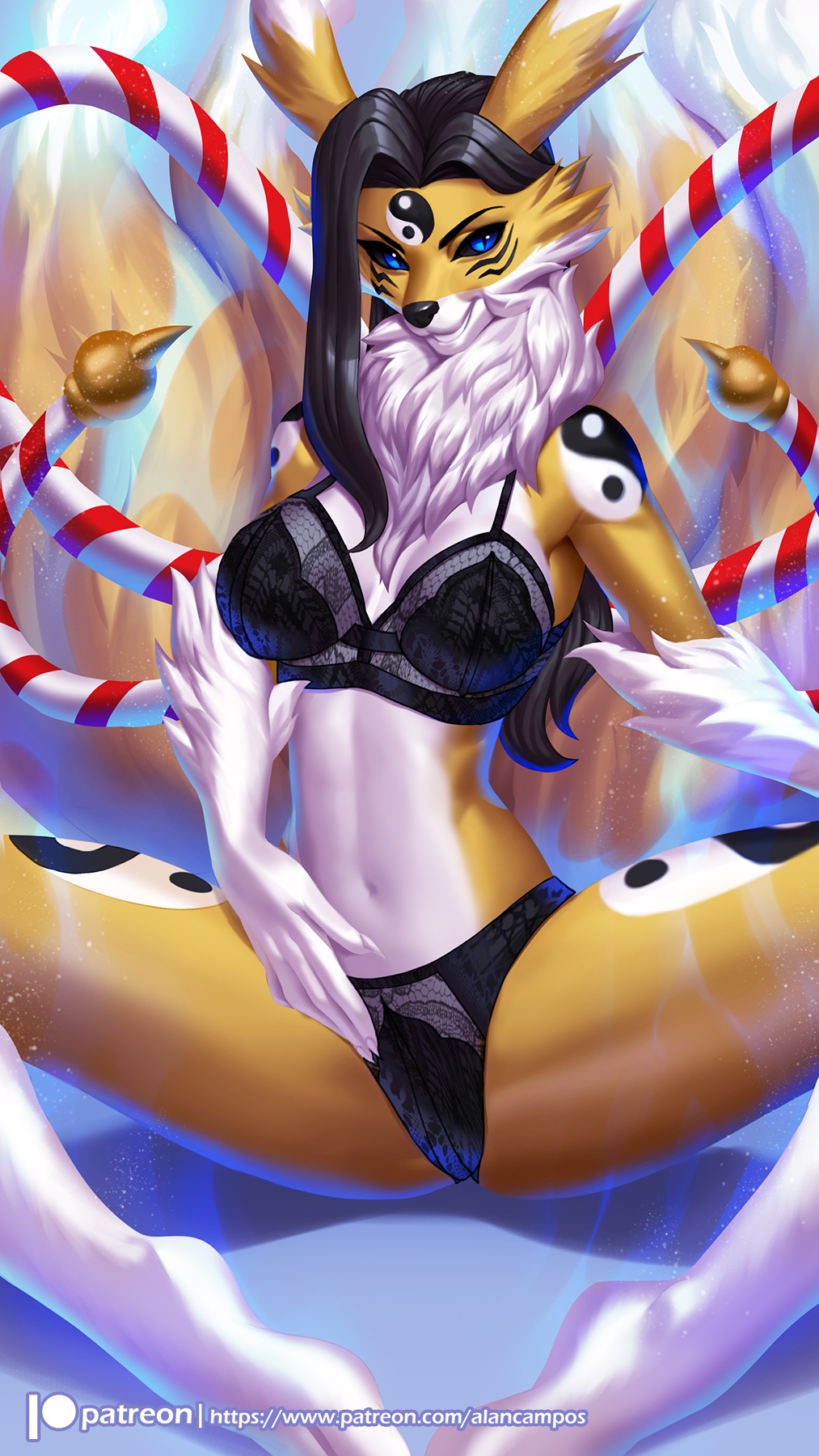 alanscampos anthro bandai_namco black_bra black_clothing black_panties black_sclera black_underwear blue_eyes bra breasts clothing digimon digimon_(species) dipstick_ears dipstick_tail eyebrows facial_markings female fur gloves_(marking) head_markings hi_res kyubimon lace leg_markings looking_at_viewer markings multi_tail multicolored_ears navel neck_tuft panties pupils sitting slit_pupils smile socks_(marking) solo spread_legs spreading tail_markings tuft underwear white_body white_fur yellow_body yellow_fur