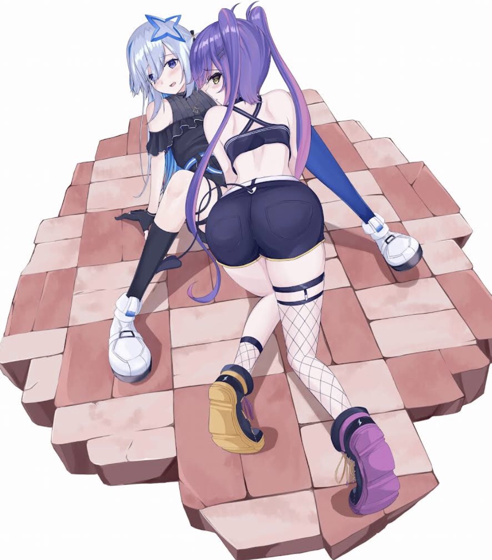 2girls, amane kanata, artist request, ass, ass focus, ass up, back, back view, bare shoulders, bent over, blue hair, blush, blushing, blushing at viewer, clothed, clothing, devil tail, female, female focus, female only, female/female, fingerless gloves, fishnets, flat chest, holoforce, hololive, hololive japan, legs apart, looking at viewer, multiple females, multiple girls, purple eyes, purple hair, short shorts, stockings, streetwear, tail, thick ass, thighs, tokoyami towa, twintails, two-tone hair, virtual youtuber, white background, yellow eyes, yuri