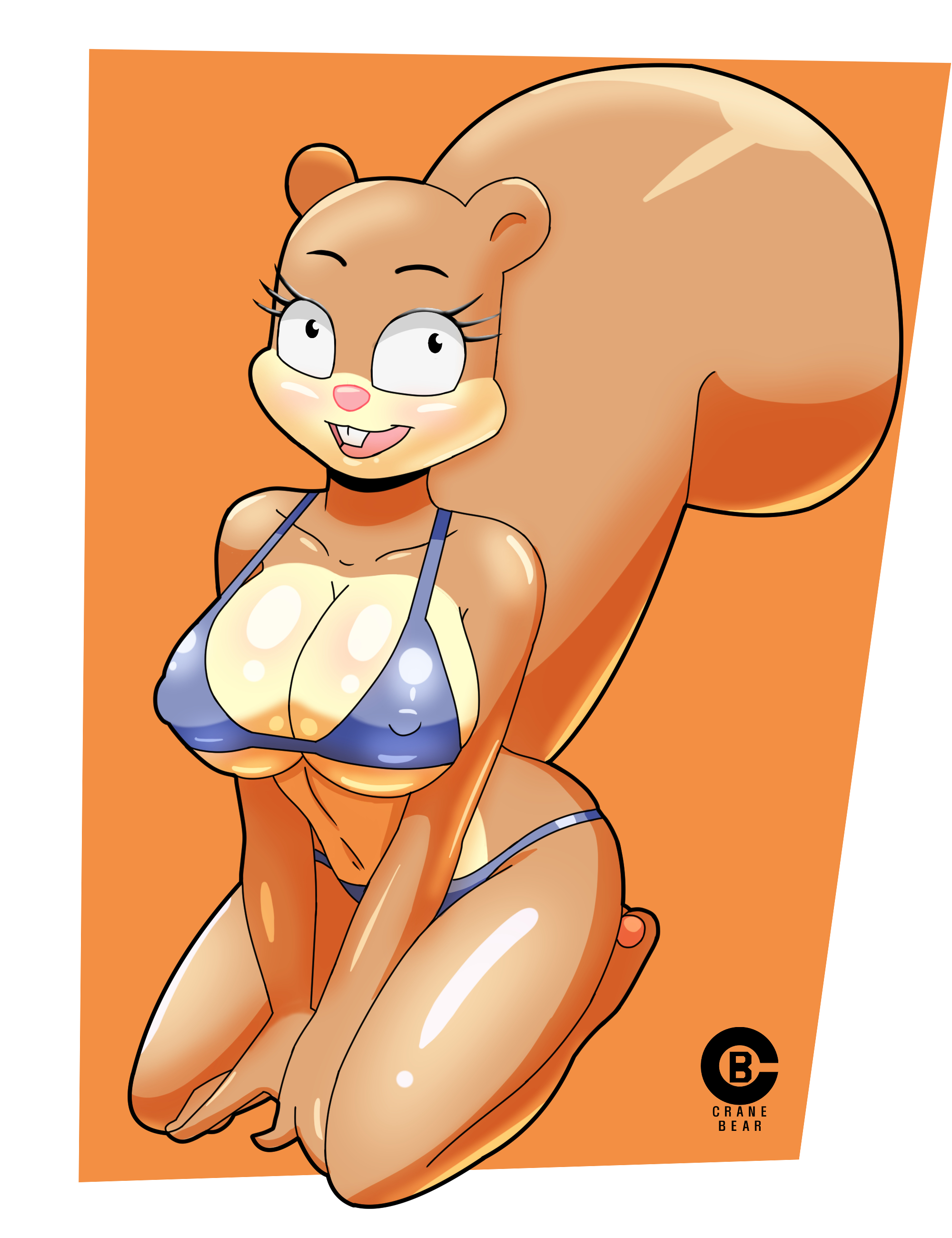 absurd res, anthro, big breasts, bikini, breasts, buckteeth, cleavage, clothed, clothing, darktemplar2, female, hi res, huge breasts, kneeling, looking at viewer, mammal, nickelodeon, nipple outline, open mouth, open smile, rodent, sandy cheeks, sciurid, simple background, smile, solo, spongebob squarepants, squirrel, straight hair, swimwear, teeth, tree squirrel