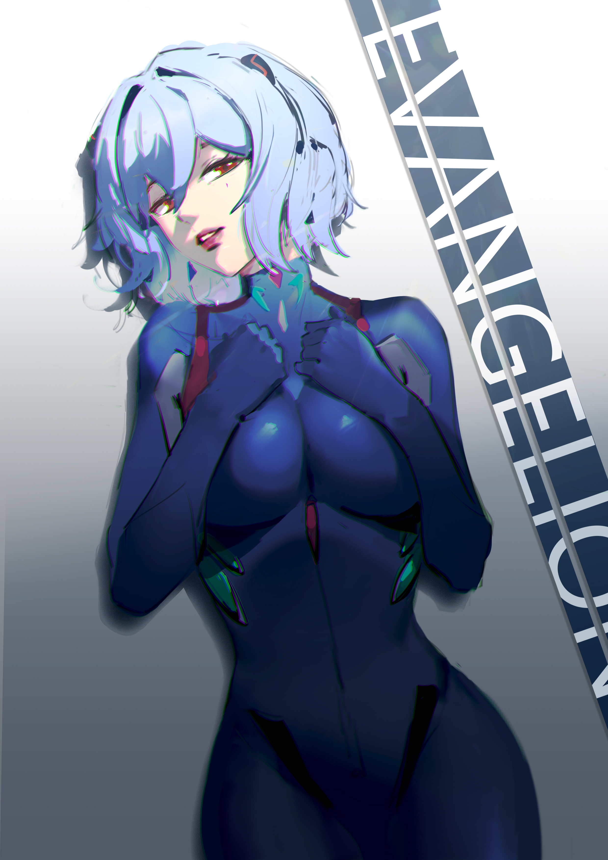 1girls, artist request, blue hair, bodysuit, breast press, breasts, clothing, female, human, large breasts, light skin, light-skinned female, looking at viewer, neon genesis evangelion, pale skin, pale-skinned female, pilot suit, plugsuit, rebuild of evangelion, red eyes, rei ayanami, short hair, skin tight, solo, solo female