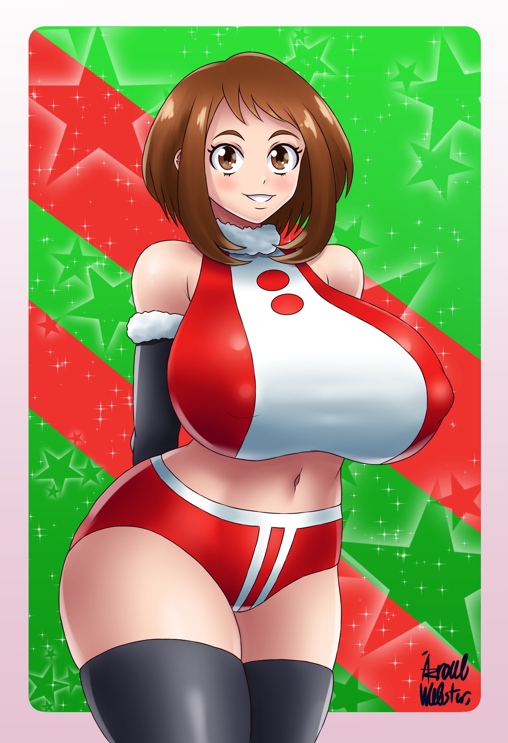 1girls, arm warmers, arms behind back, artist signature, azraelwebster, big breasts, blush, breasts, brown eyes, brown hair, christmas outfit, clothed, clothed female, eyelashes, female, female only, gloves, huge breasts, human, human only, large breasts, looking at viewer, midriff, my hero academia, ochako uraraka, short hair, smile, solo, solo female, standing, tagme, thighhighs