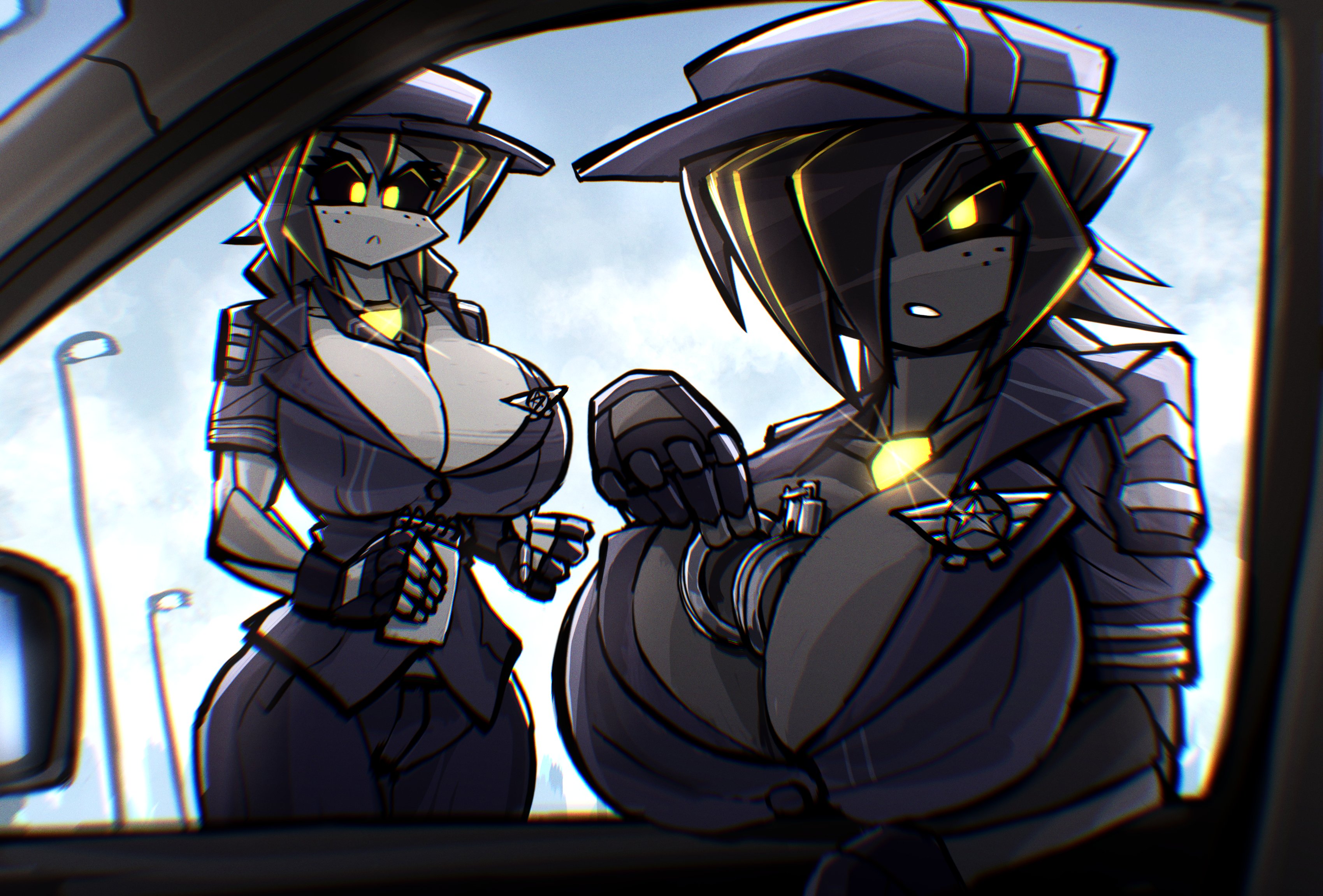 2girls, albry (zzzhodazzz), black hair, breasts, car, female, female only, fingerless gloves, gloves, hair highlights, handcuff between breasts, handcuffs, huge breasts, kyurby (zzzhodazzz), oc, police, police uniform, policewoman, pov, robot, robot girl, robot humanoid, yellow eyes, yellow hair, zzzhodazzz